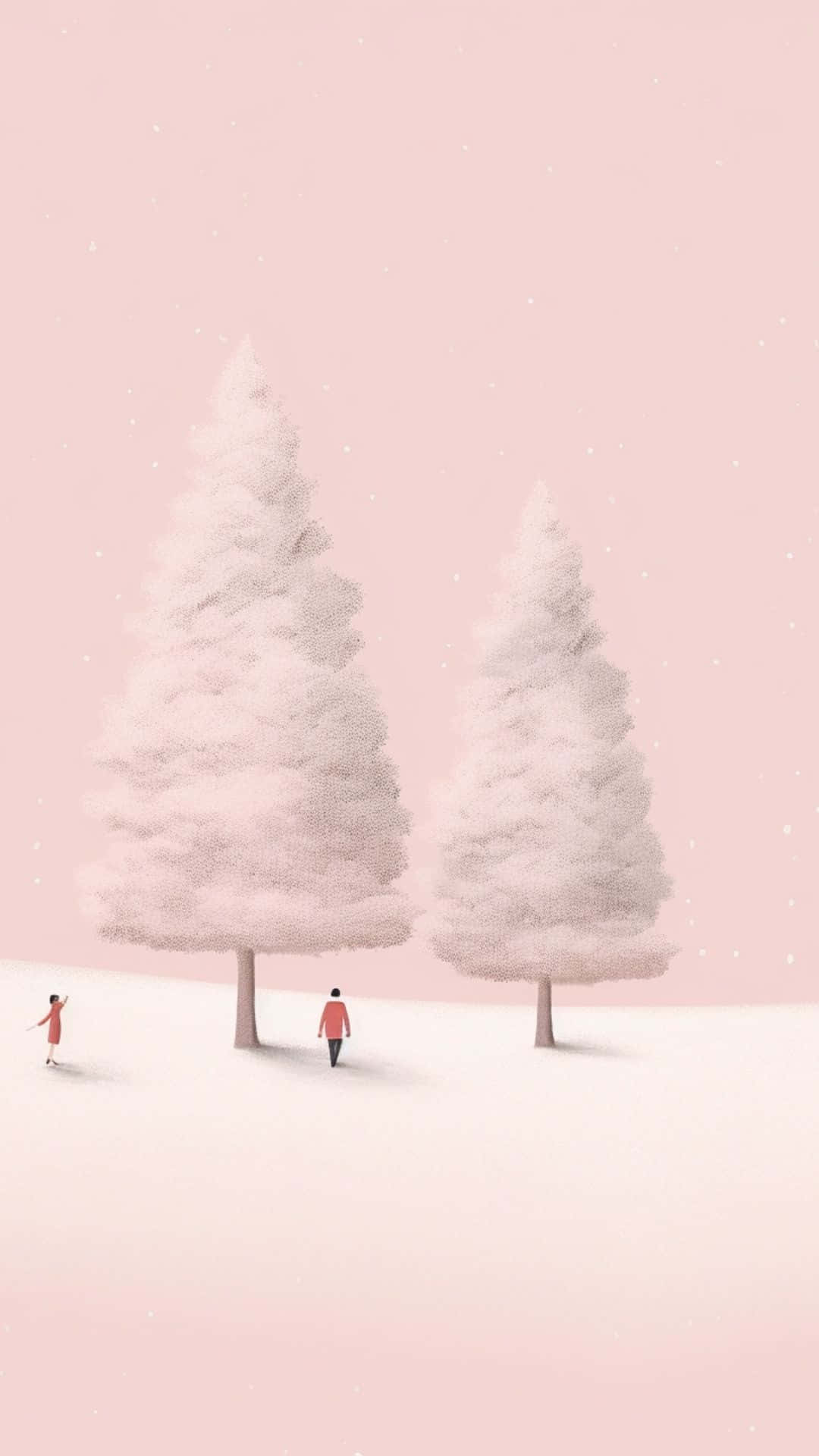  壁紙 — 兩個細小的人影在粉紅色軟綿綿的天空下，雪花飄落中，走在灑滿白雪的松樹之間。