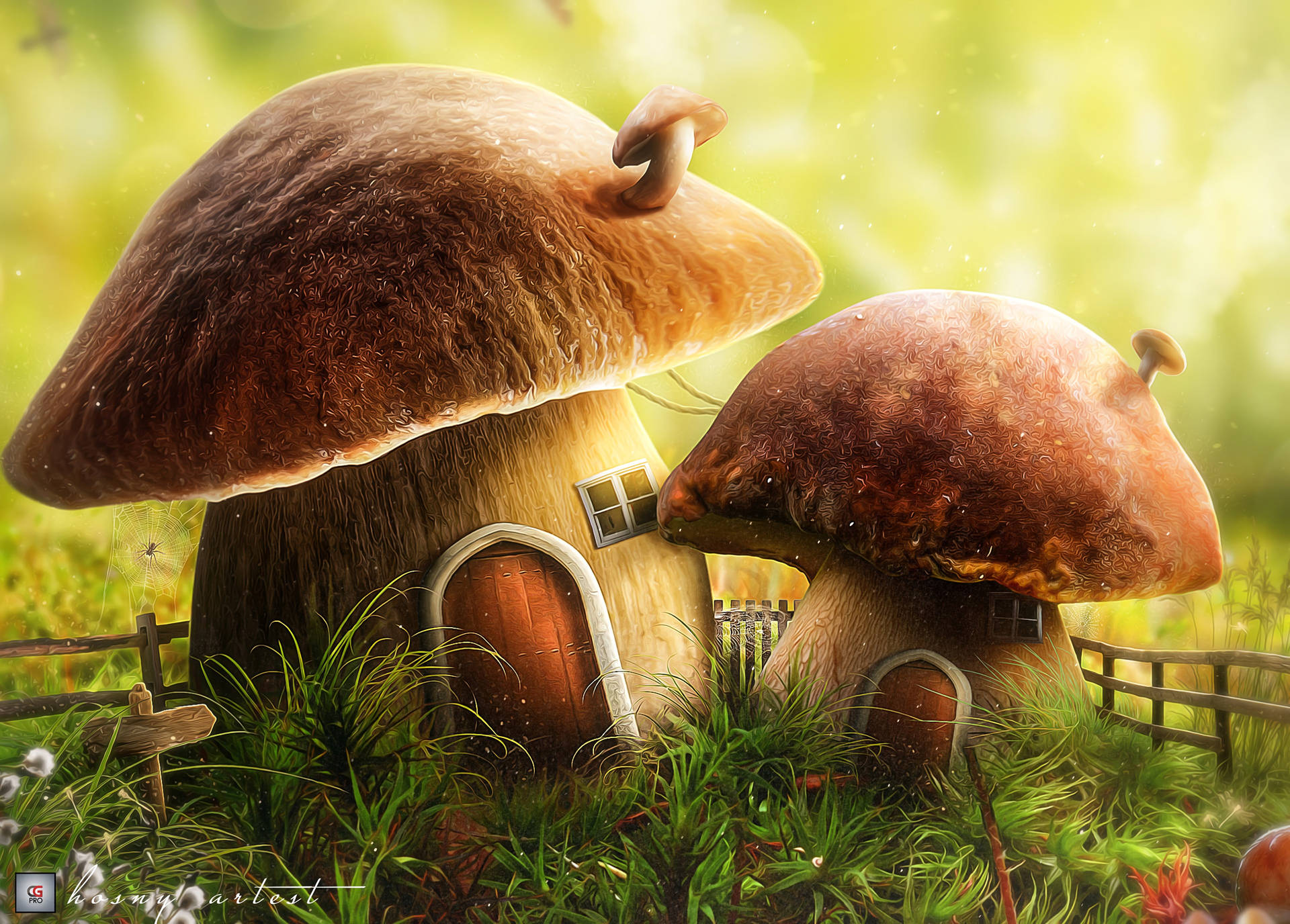 童話蘑菇小屋 壁紙 — 兩間奇幻蘑菇屋，配有木門和窗戶，坐落在茂密的綠草中，沐浴在柔和的金色光線下。