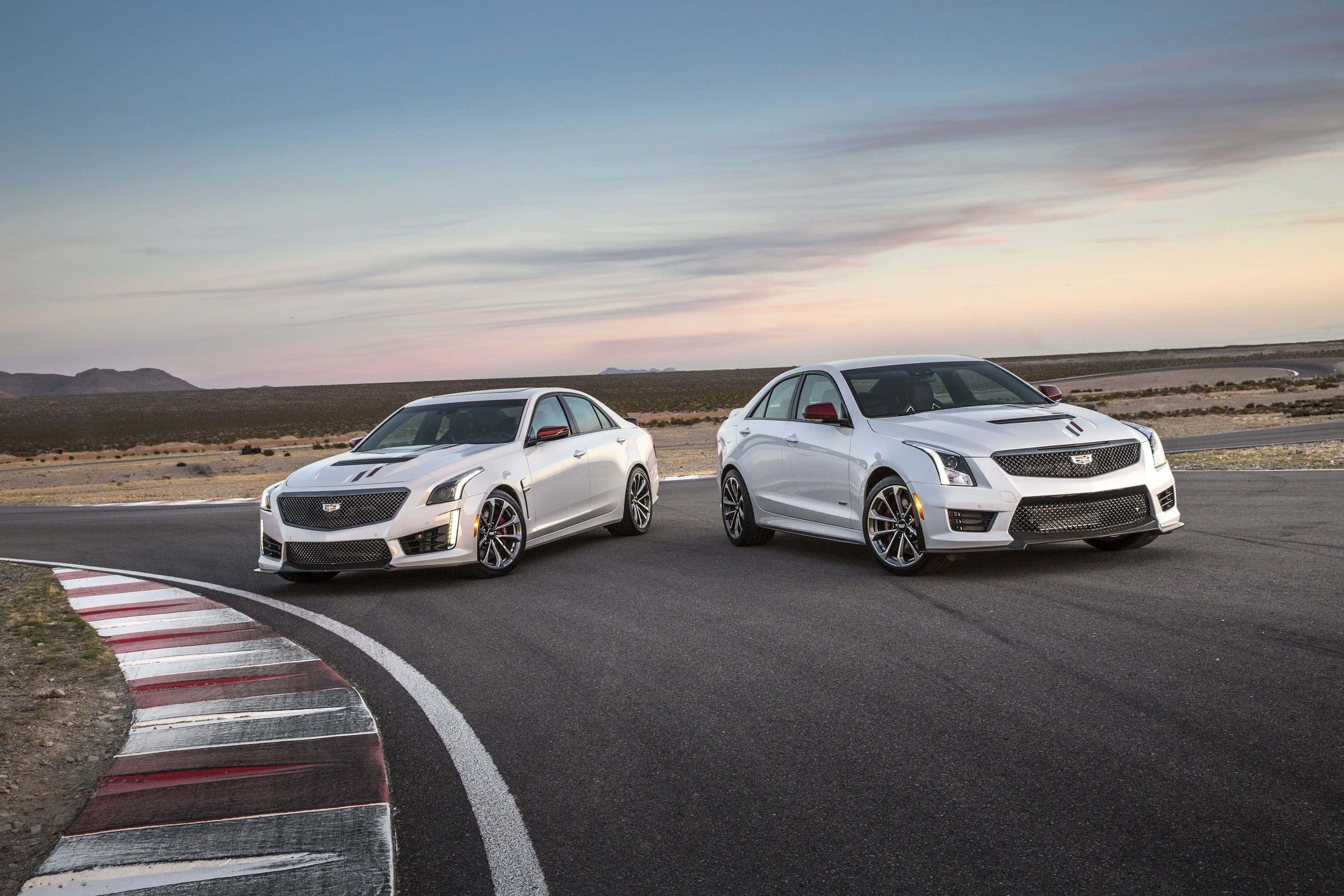 Cadillac Ats 桌布 壁紙 — 兩輛白色Cadillac ATS-V房車在沙漠賽道上並肩競速，夕陽西下，紅白相間的賽道邊緣。