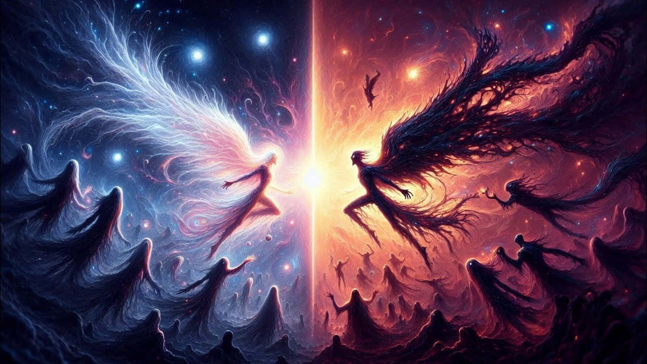  壁紙 — 兩個有翼的身影飛越宇宙鴻溝，天界生靈從下方觀看一場充滿活力的宇宙之戰。