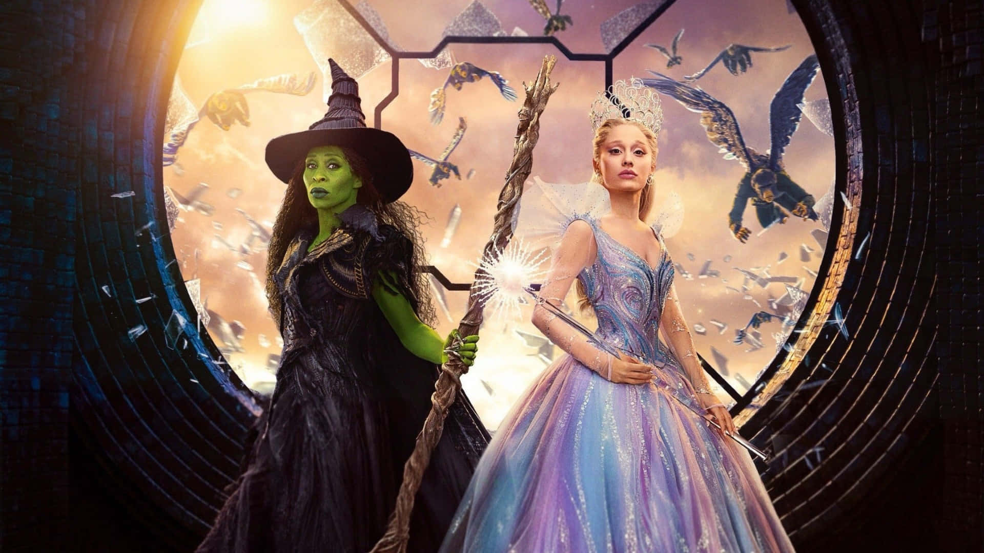  壁紙 — 兩個女巫在一個魔法傳送門中對峙，一個穿著黑色長袍，另一個穿著閃閃發光的禮服，鳥兒在她們周圍飛翔。