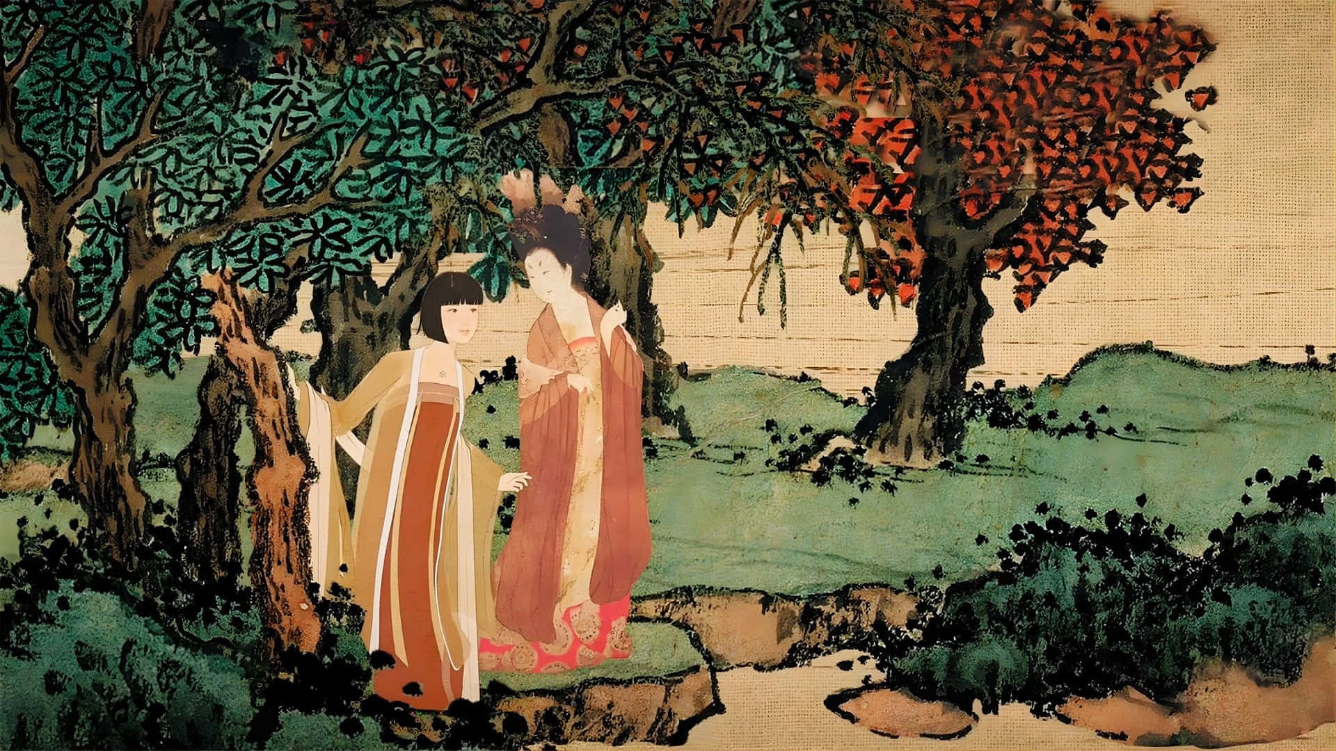  壁紙 — 兩位身穿傳統長袍的女性站在秋樹下，樹葉紅綠相間，營造出寧靜的花園場景。