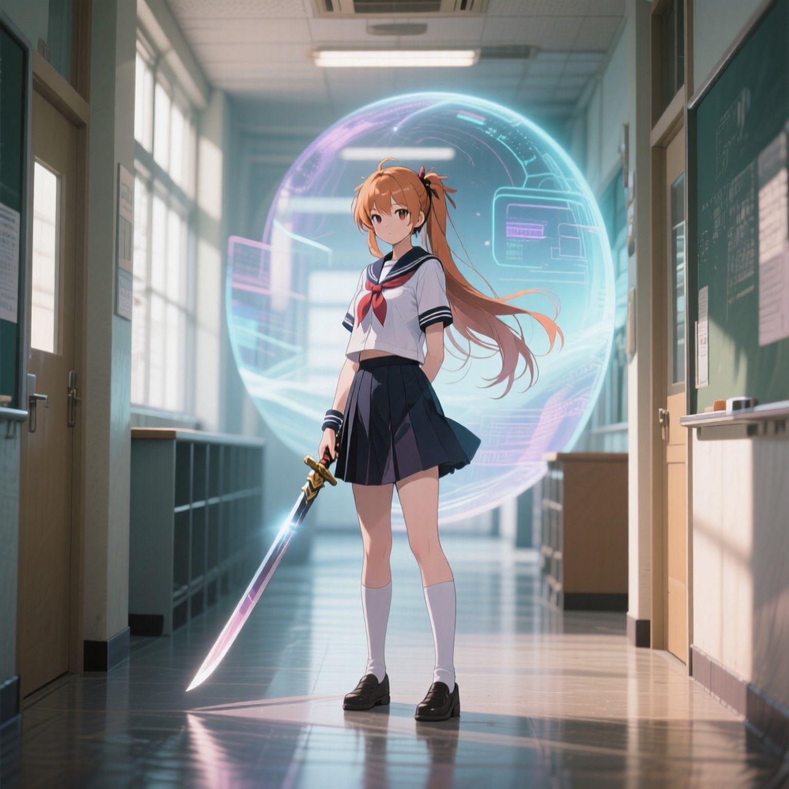 動漫女孩穿著校服在走廊手持發光劍與全息球體
