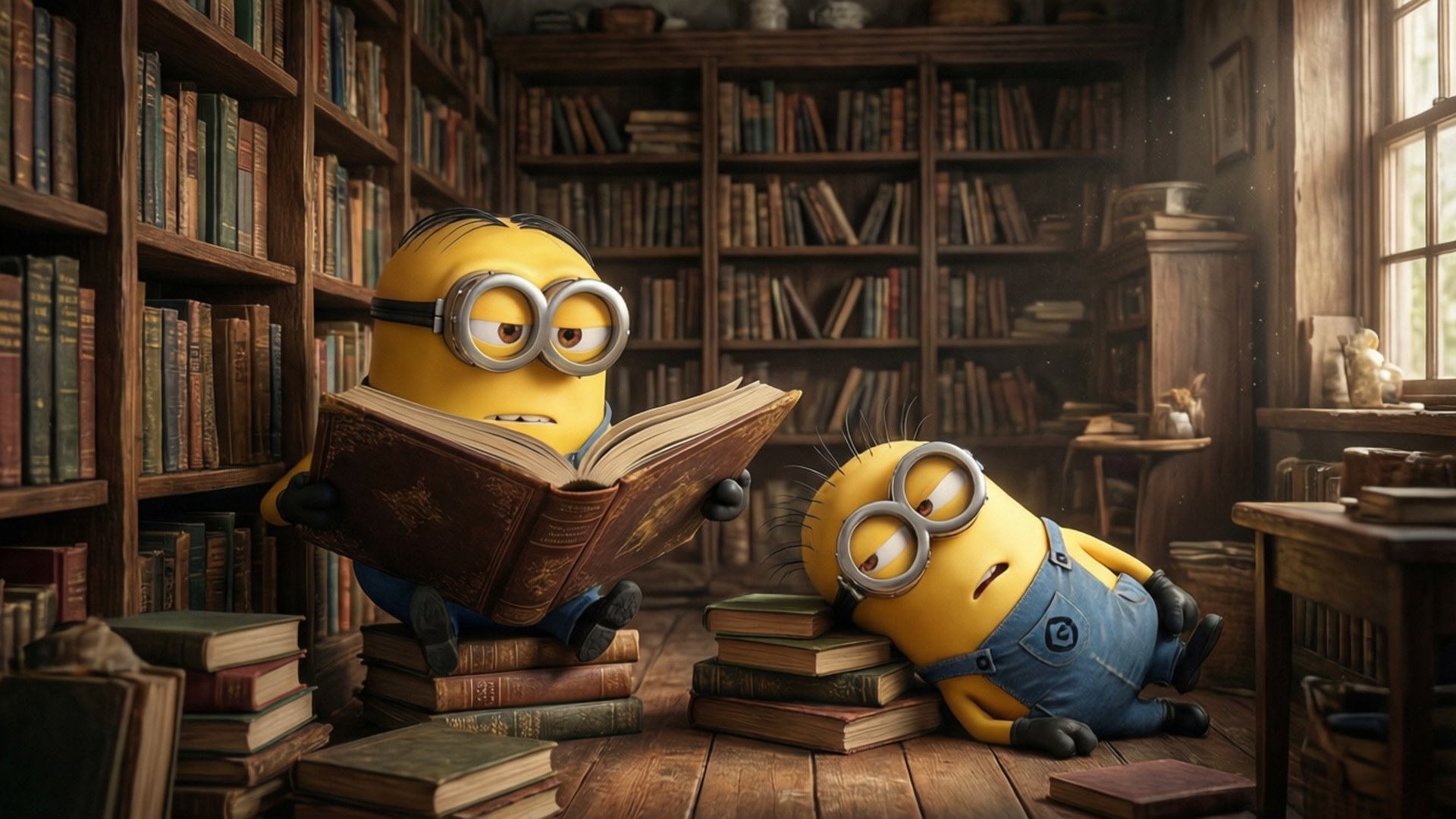 Minion Library 壁紙 — 兩隻黃色迷你兵團在陽光照射的木製圖書館裏，一隻在讀書，另一隻睡在一堆書上。