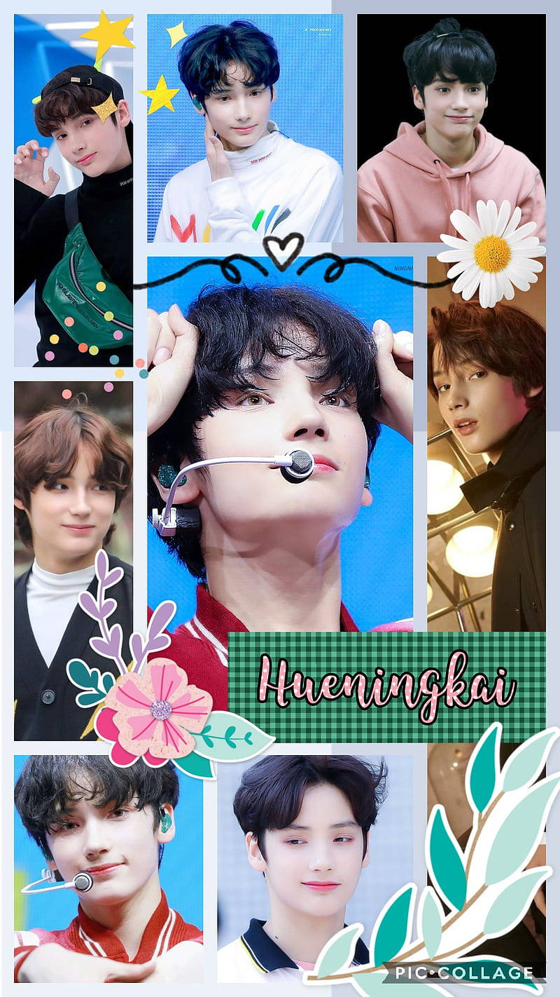 TXT 趙煐宰花卉拼貼壁紙 壁紙 — Hueningkai 各種服裝和姿勢的充滿活力的拼貼畫，裝飾有花卉貼紙和星星。