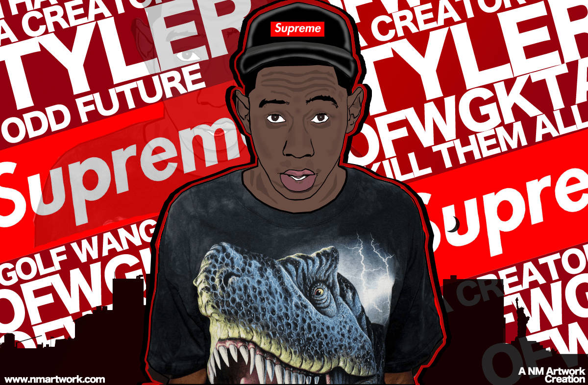 Tyler the Creator 戴著 Supreme 帽子和恐龍 T 恤，背景為粗體紅色文字。