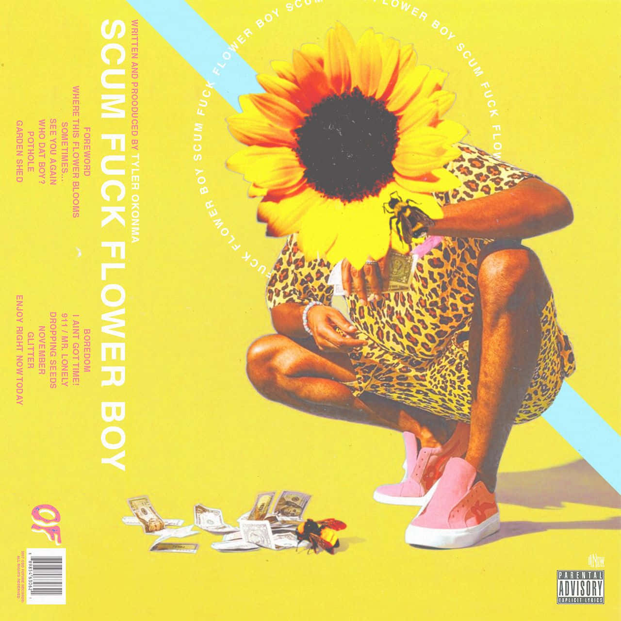 Tyler The Creator 看起來自信又放鬆 壁紙 — 一個穿著豹紋圖案的人蹲下，帶著一個巨大的向日葵頭，周圍散落著現金和一隻蜜蜂，背景是明亮的黃色。