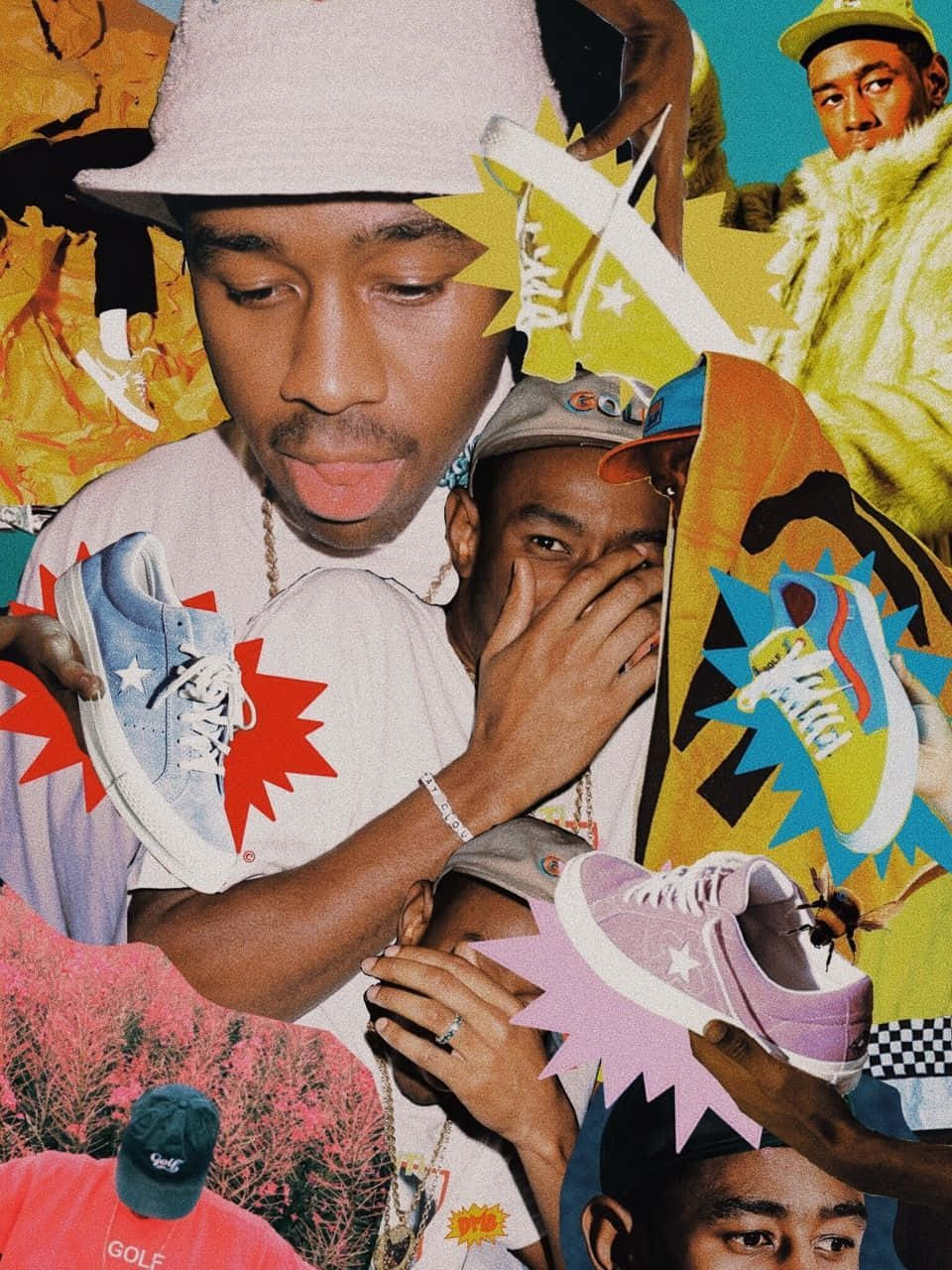 tyler the creator 桌布 壁紙 — Tyler The Creator 喺混亂嘅流行藝術背景前手持色彩繽紛嘅運動鞋嘅充滿活力嘅拼貼畫。