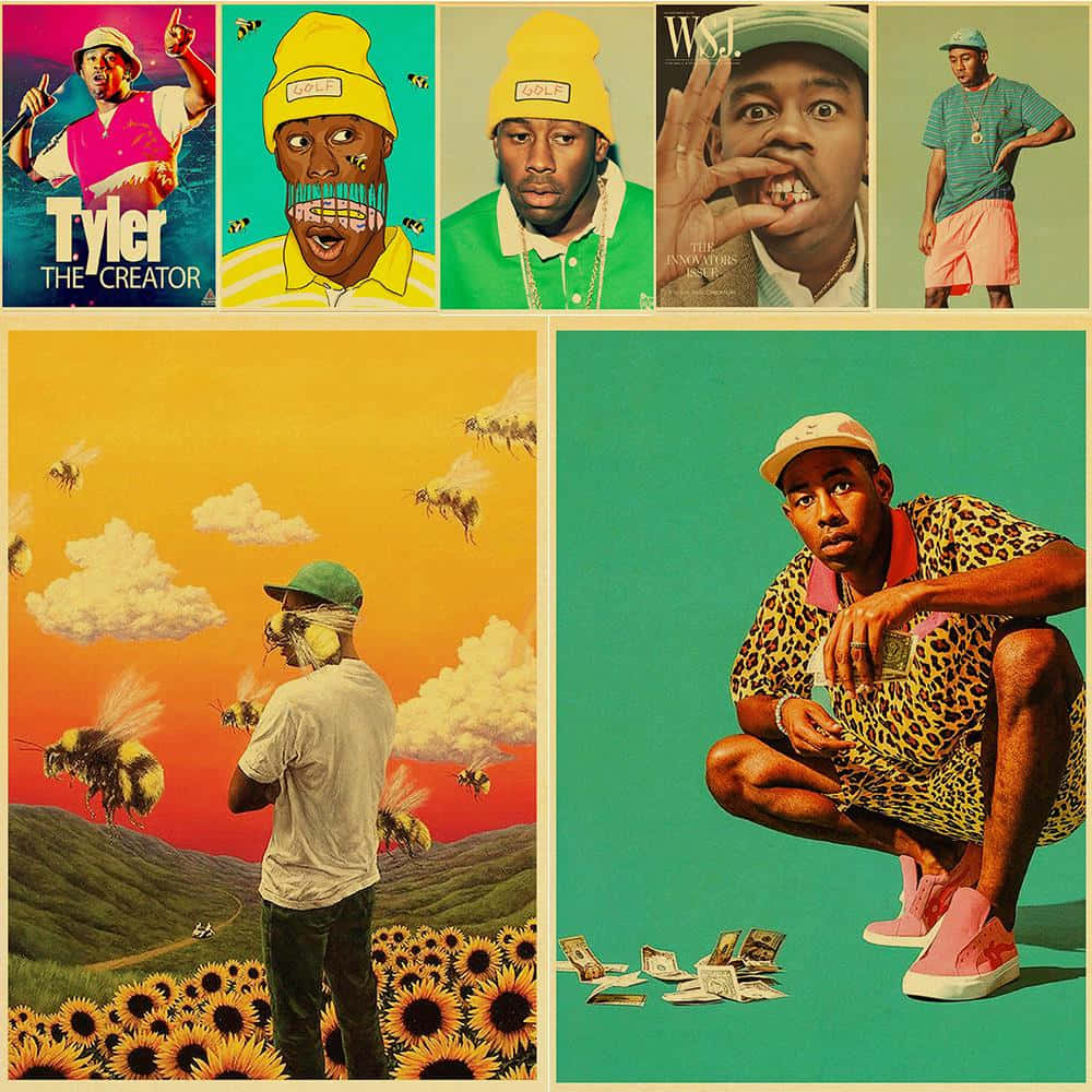 tyler the creator 桌布 壁紙 — Tyler The Creator 在蜜蜂、向日葵和金錢的環繞下，於大膽色彩背景前擺出充滿活力、超現實的姿勢。