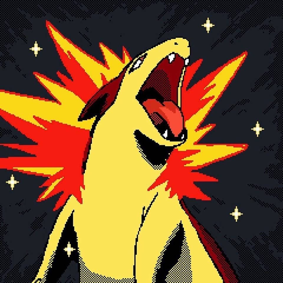 Typhlosion 舌頭外伸 壁紙 — 像素藝術比卡超在星空黑暗背景下，以火紅和黃色能量爆發咆哮。