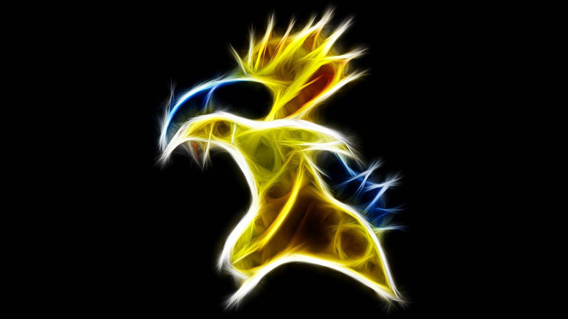 Typhlosion 寬屏黑色背景 壁紙 — 一個發光的抽象鳥類剪影，在純黑色背景上散發著電黃色和藍色能量。