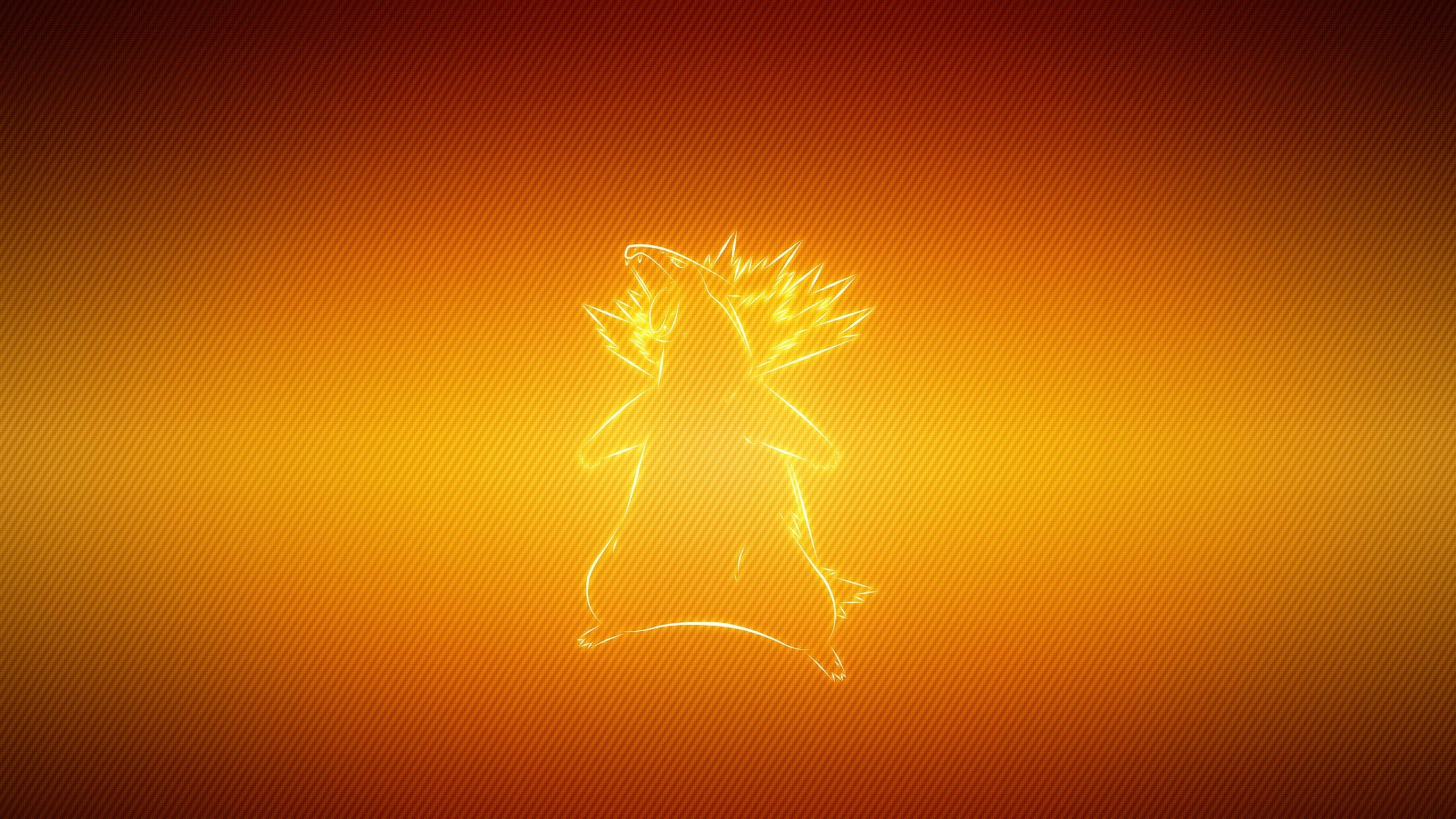 霓虹燈下的Typhlosion 壁紙 — 發光的比卡超霓虹輪廓，居中站立在帶有對角線條紋的耀眼橙色漸變背景上。