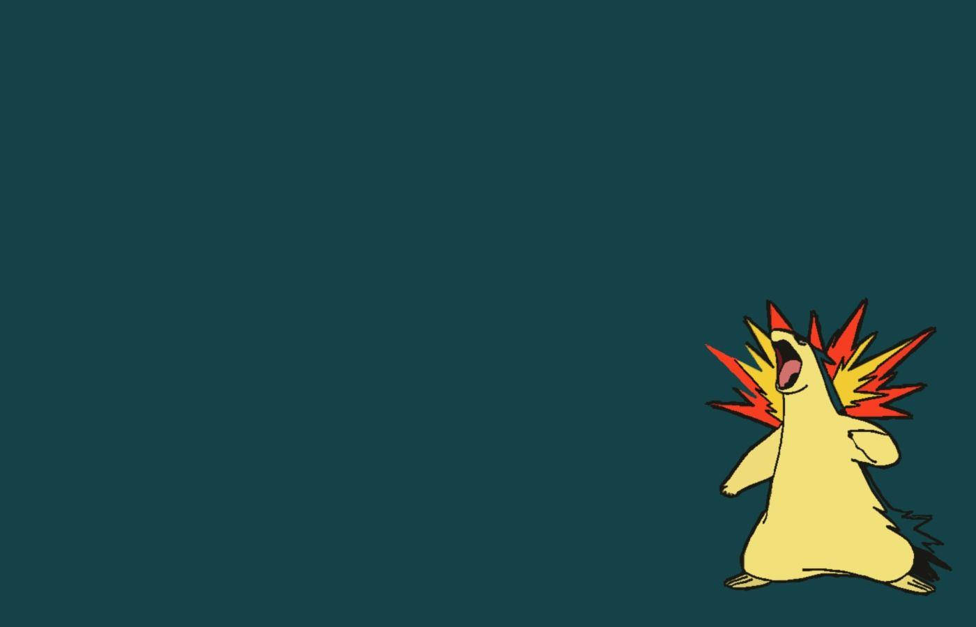 可愛 Typhlosion 壁紙 — 一隻黃色卡通比卡超，紅色尖刺頭髮，在深藍綠色背景上打呵欠。