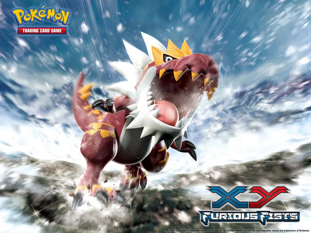 Tyrantrum 電擊衝擊 壁紙 — 一隻兇猛的紅白相間寶可夢在動感藍天背景下，以發光的眼睛咆哮。
