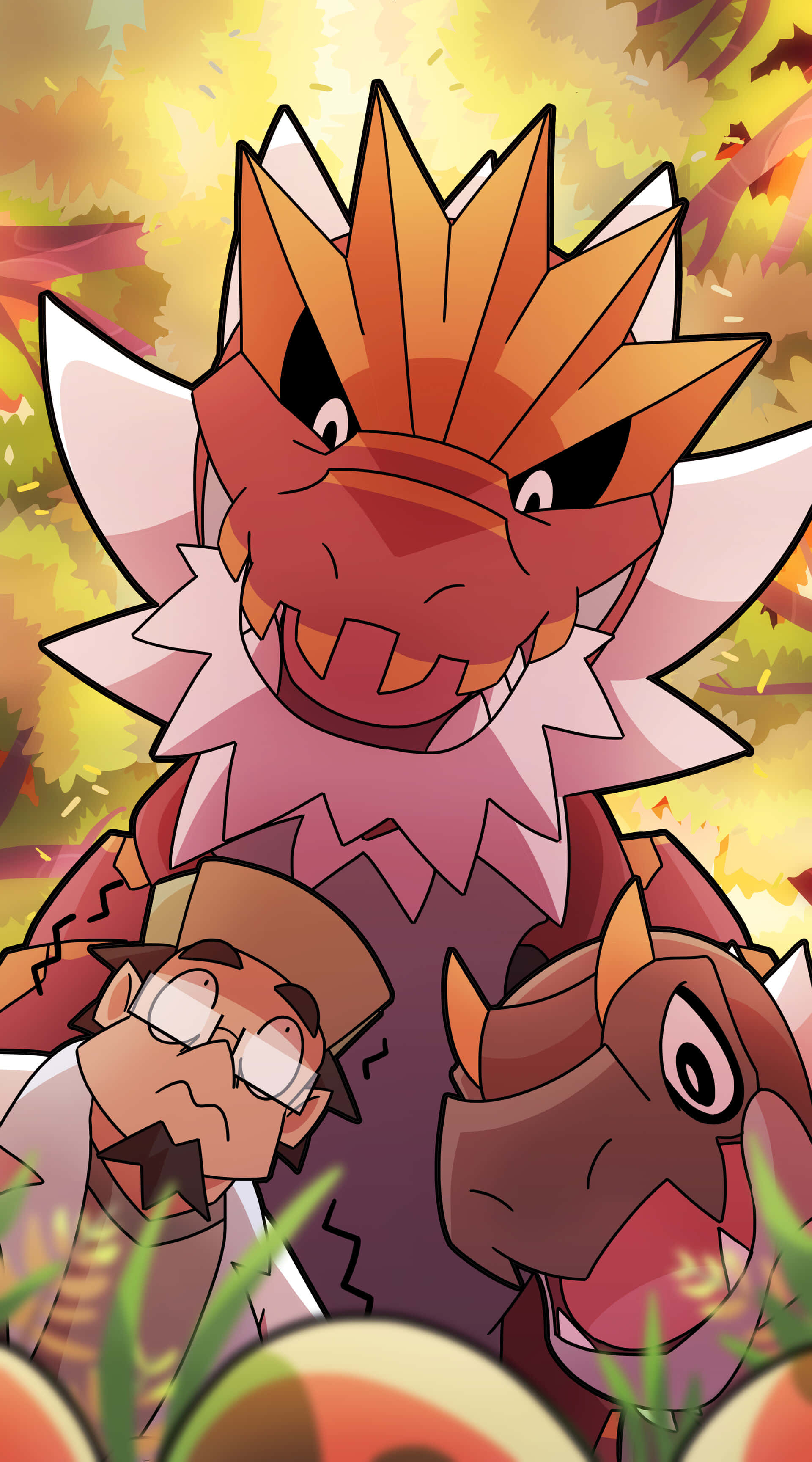 Tyrantrum 在其自然棲息地 壁紙 — 一頭帶有尖刺鬃毛的火焰巨龍，在充滿活力的秋日森林中，聳立於一個驚慌的男人和一匹馬之上。