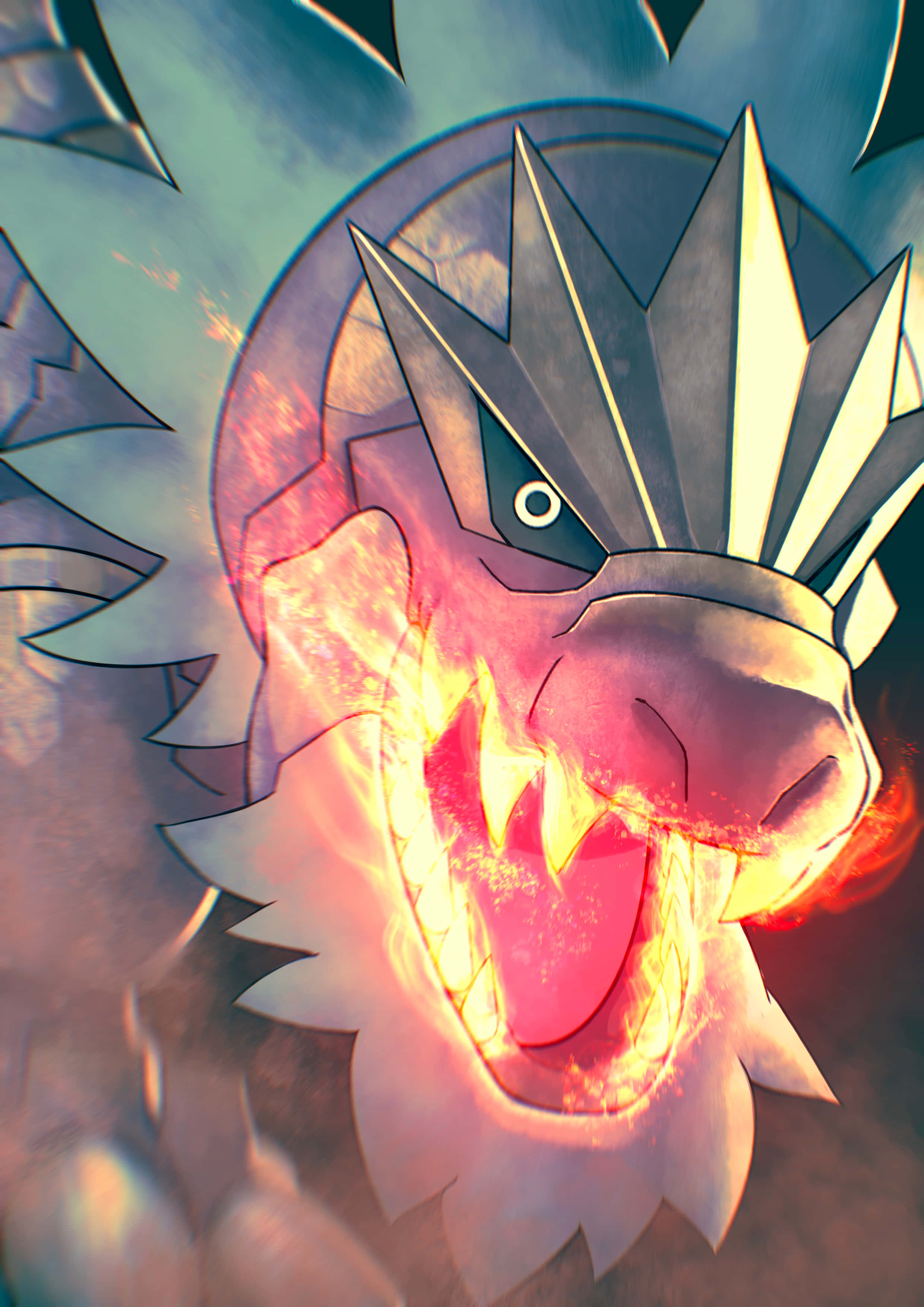 Tyrantrum 發動火牙之力 壁紙 — 一隻兇猛嘅動畫龍，眼睛發光，噴出火焰，喺暴風雨嘅天空背景下咆哮。