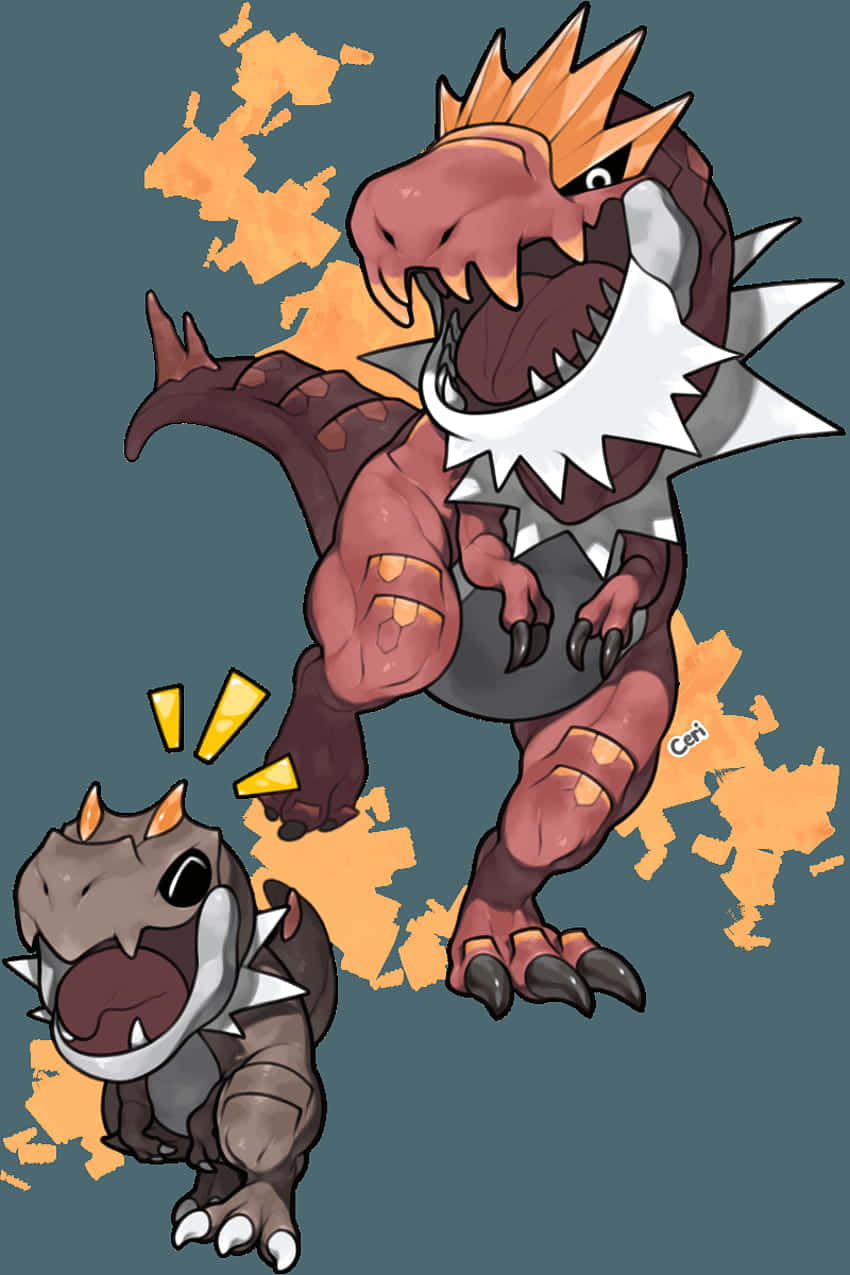 Tyrantrum 與 Tyrunt 追逐 壁紙 — 兩隻兇猛的卡通恐龍，身披尖刺盔甲，在火熱的橙色和藍綠色背景上咆哮。