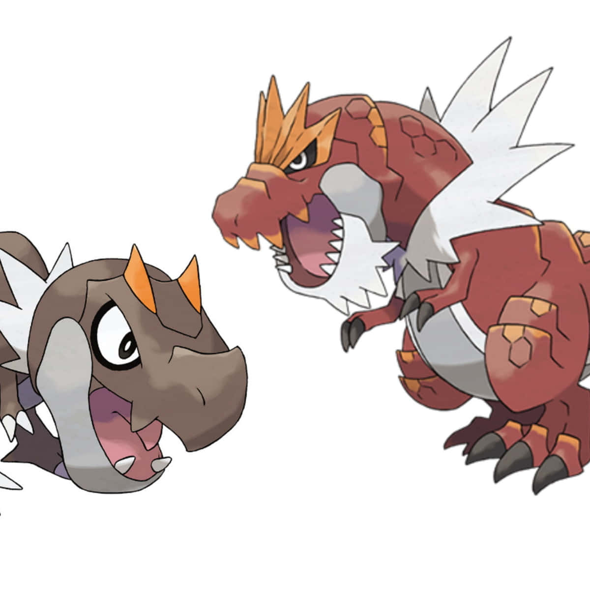 Tyrantrum 與 Tyrunt 的壯麗對決 壁紙 — 兩隻兇猛的龍系寶可夢在純白背景前對峙，露出尖牙和尖刺盔甲。
