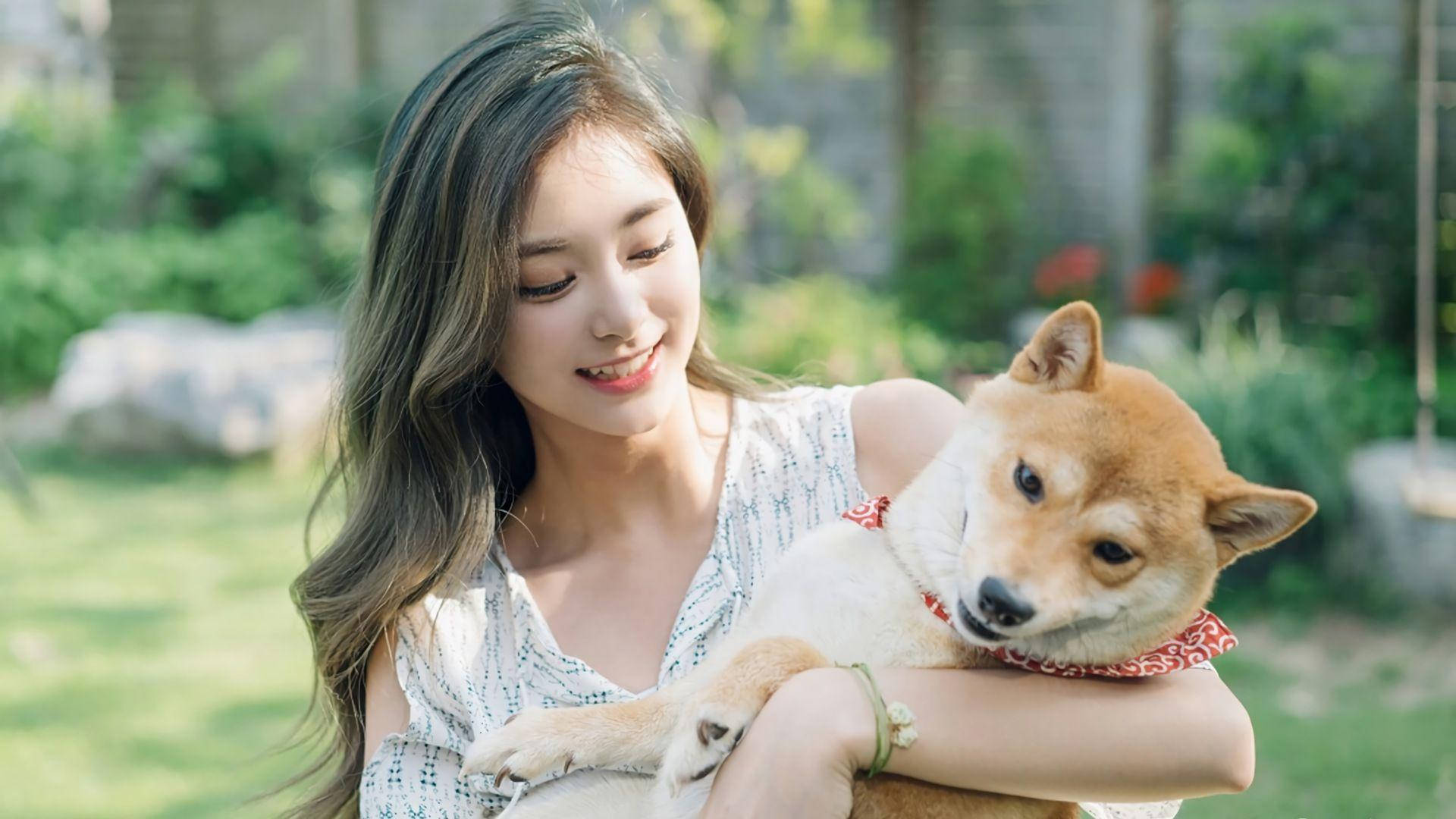 女性在陽光花園中抱著柴犬。