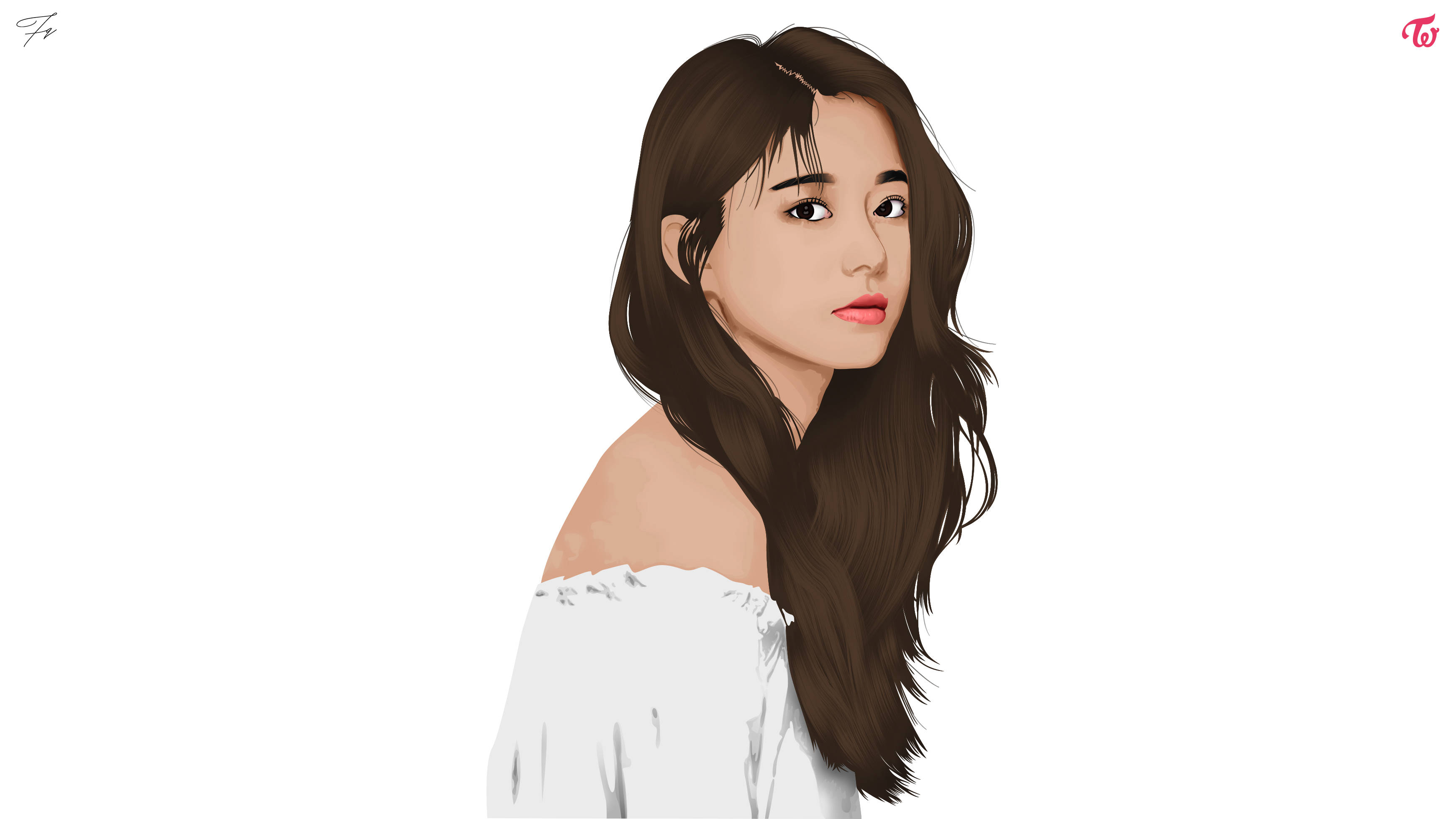 Tzuyu 粉絲藝術 壁紙 — 一位長髮棕色頭髮、身穿白色露肩上衣的年輕女性，在純白背景前溫柔凝視。