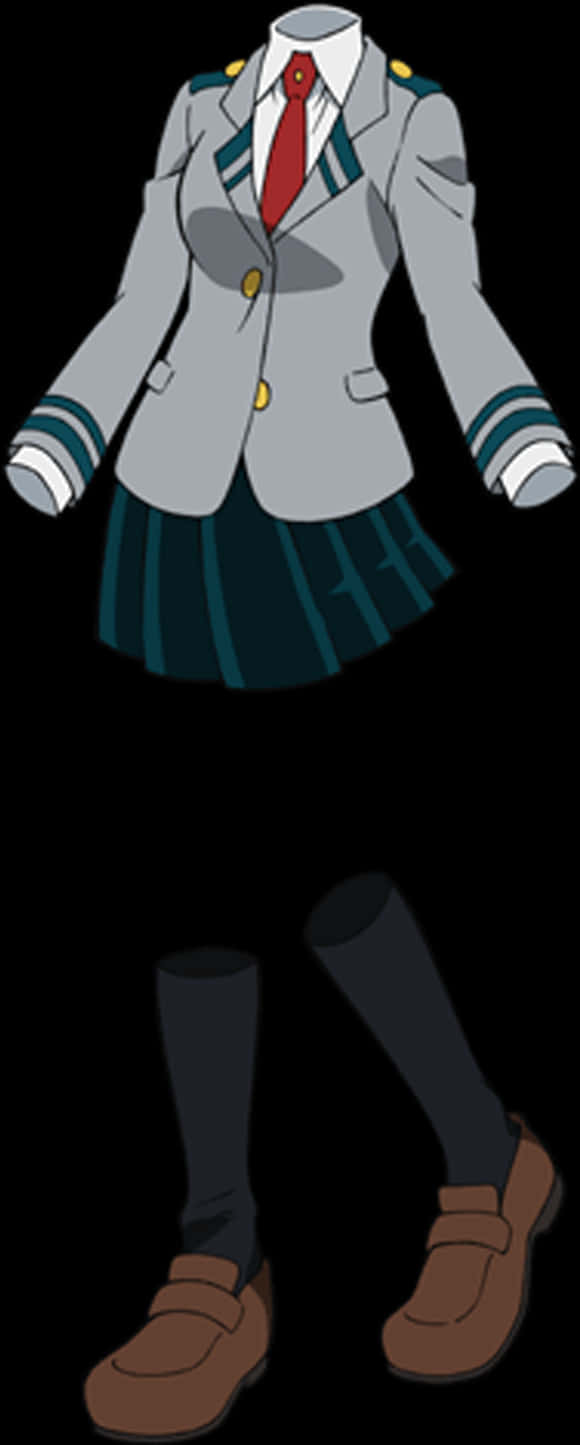 《我的英雄學院》U.A. 高中制服 壁紙 — 動漫校服：灰色西裝外套、紅色領帶、百褶裙和棕色樂福鞋，展示在黑色背景上。