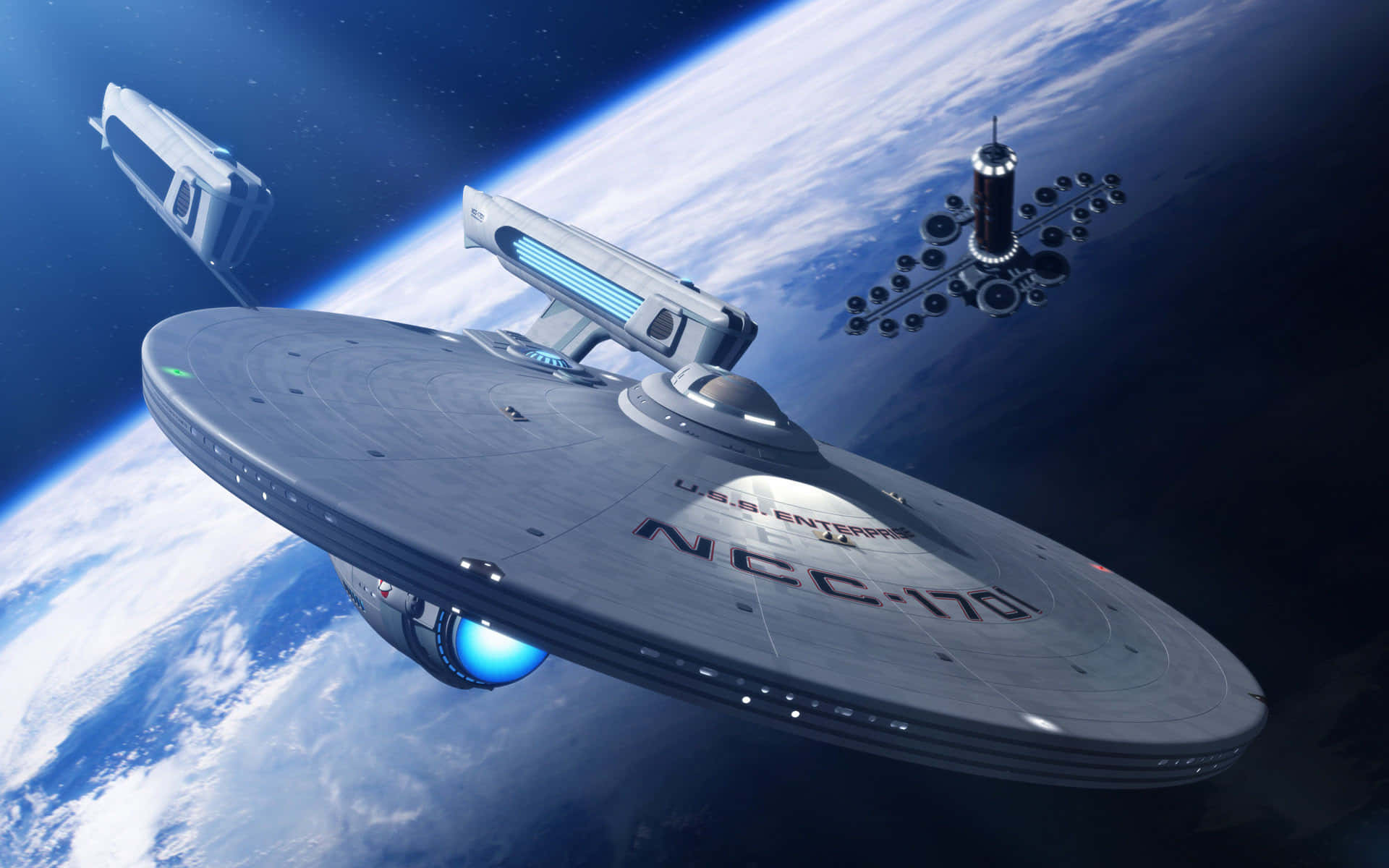 USS Enterprise NCC-1701 在地球軌道上，附近有兩艘較小的飛船。