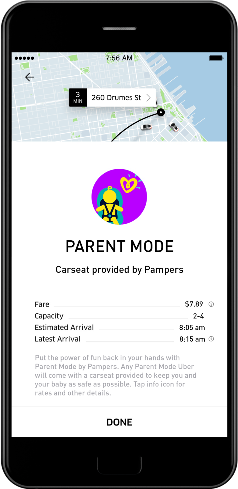Uber家長模式應用程式畫面 壁紙 — 智能手機屏幕顯示Uber的家長模式功能，帶有Pampers汽車座椅圖標和前往260 Drumes St.的路線。