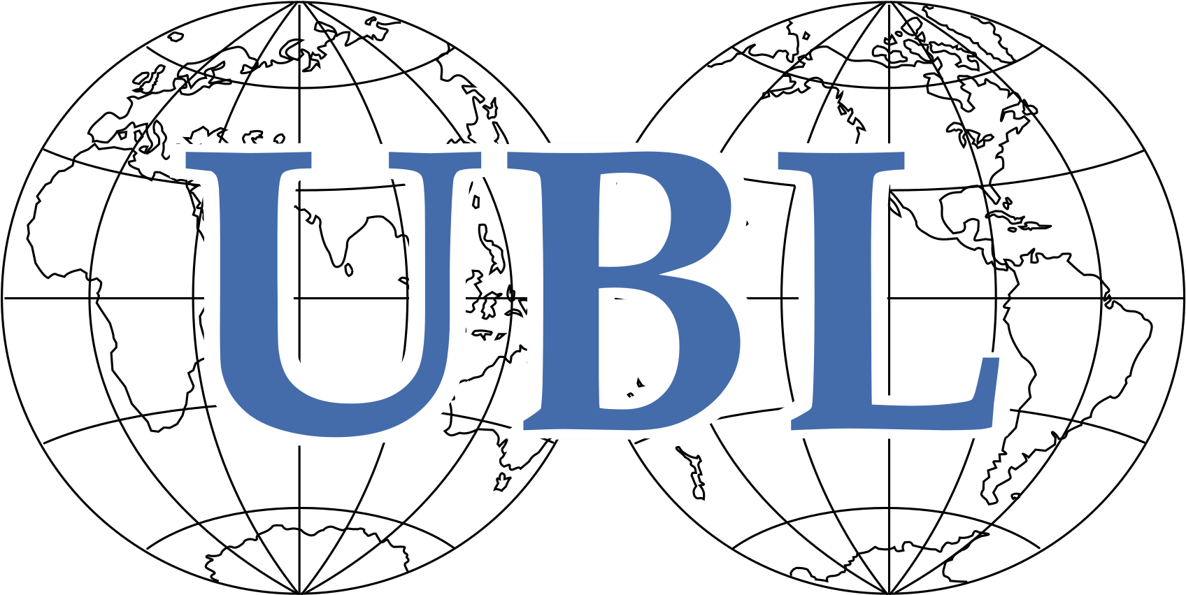 全球UBL標誌 壁紙 — 粗體藍色UBL字母居中於兩個白色地球輪廓之上，顯示大陸和網格線，背景為黑色。