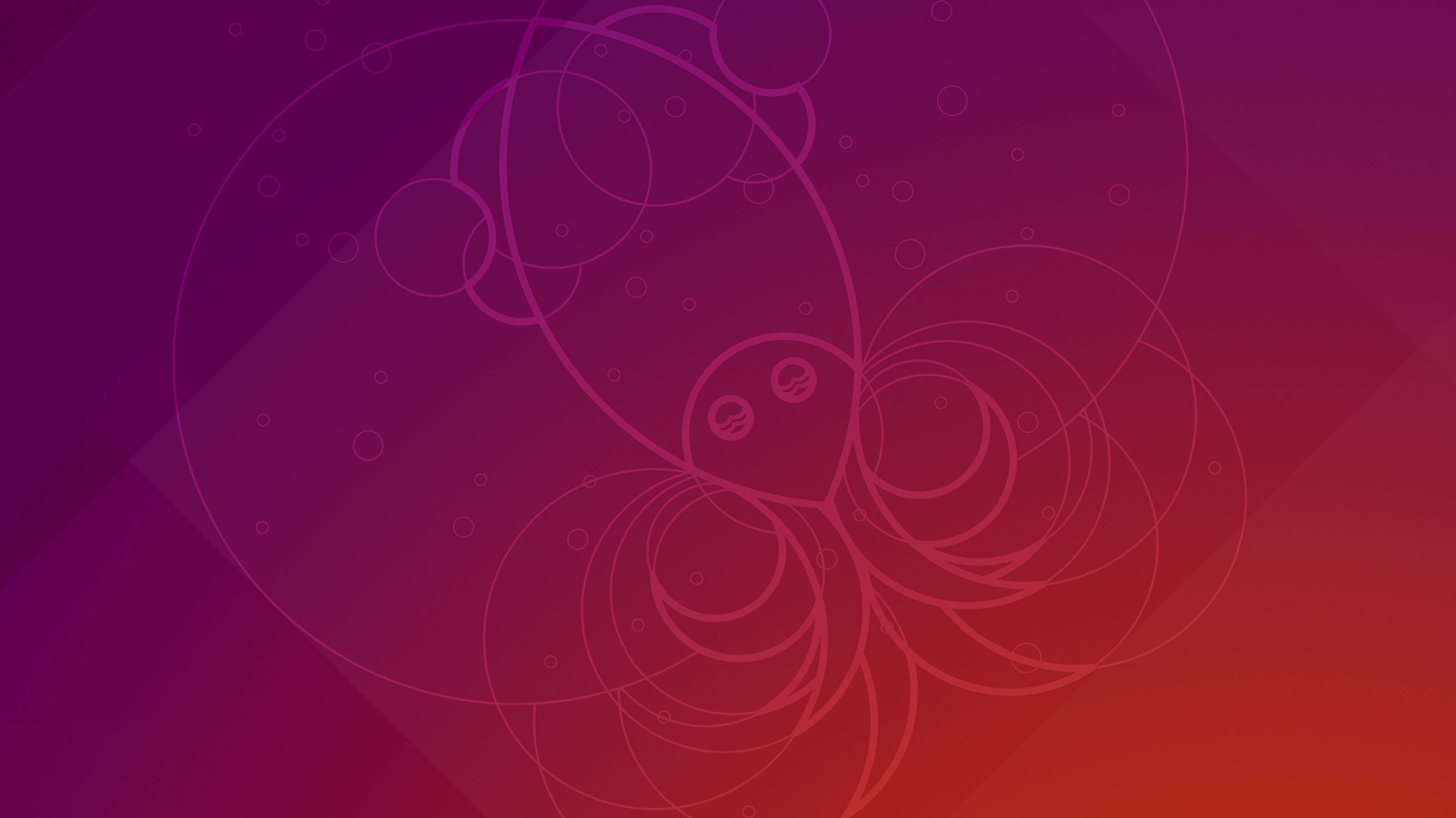 Ubuntu 宇宙墨魚 壁紙 — 抽象數位藝術作品，以風格化的蝴蝶輪廓和同心圓為特色，背景為紫色到紅色的漸變。
