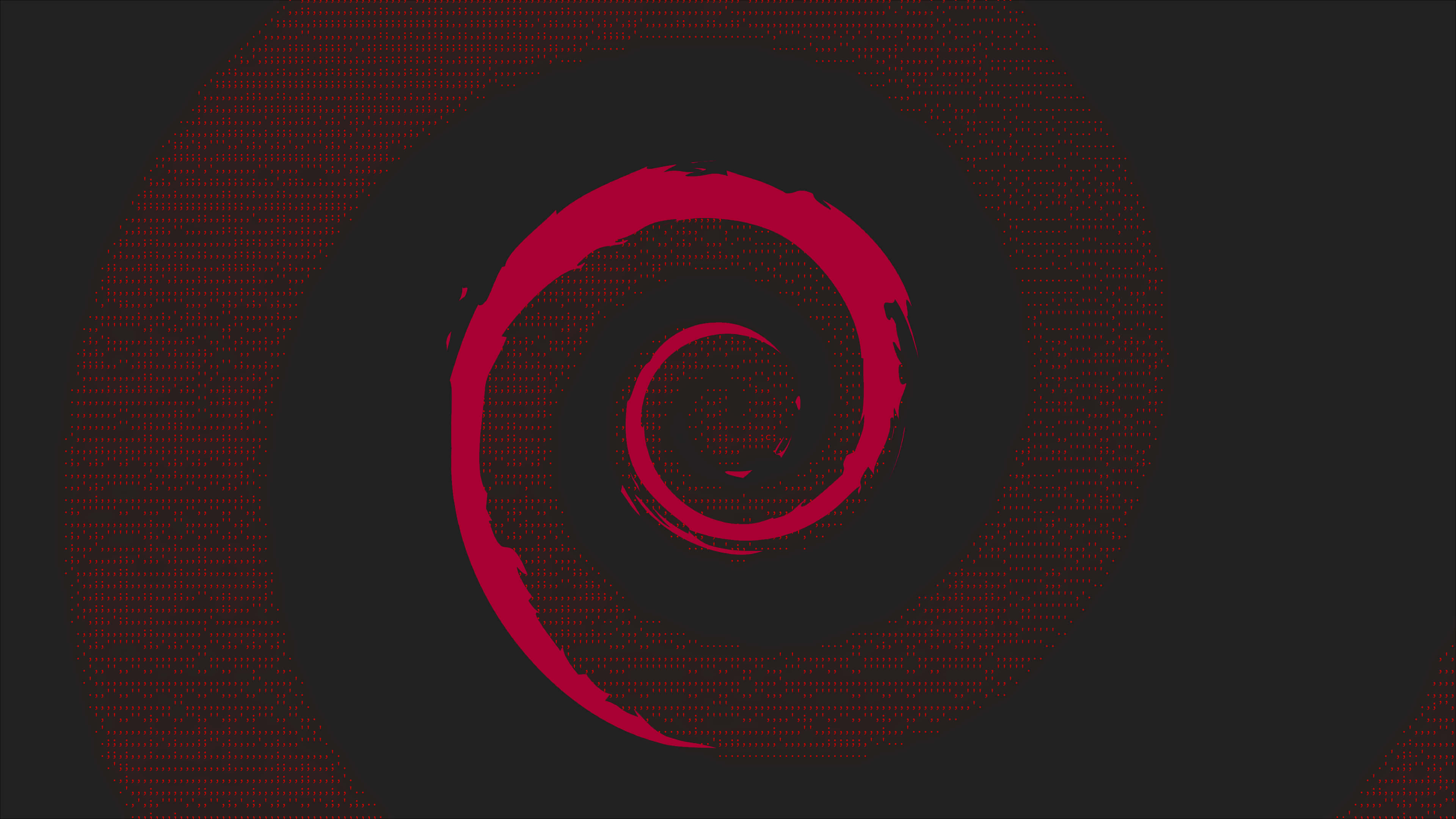 享受 Ubuntu 4K 的強大體驗 壁紙 — 一個大膽的紅色螺旋標誌在帶有微弱紅色二進制代碼紋理的深色背景上旋轉。