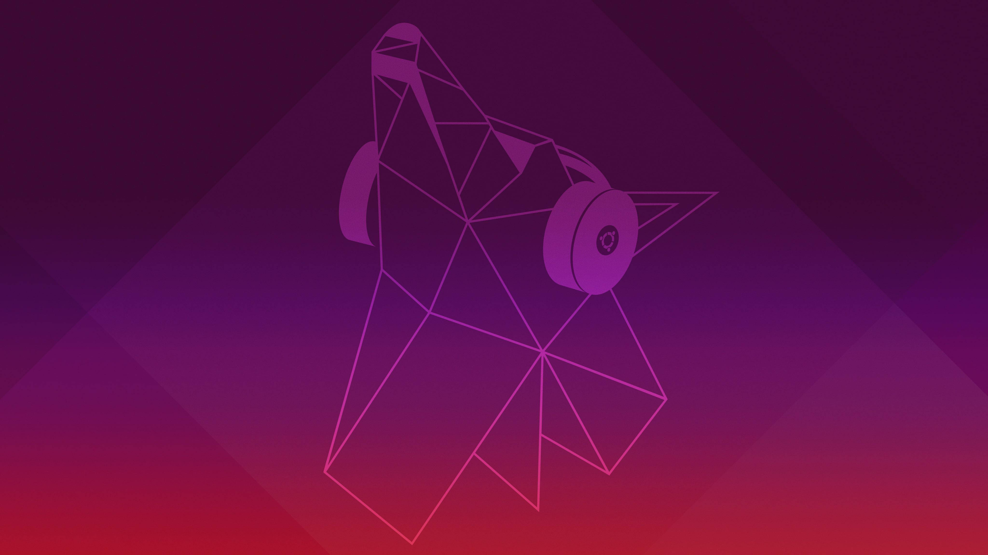 Ubuntu 派對澳洲野狗 HD 壁紙 — 一隻戴著耳機的幾何線框狗漂浮在紫色和紅色的漸變背景上。