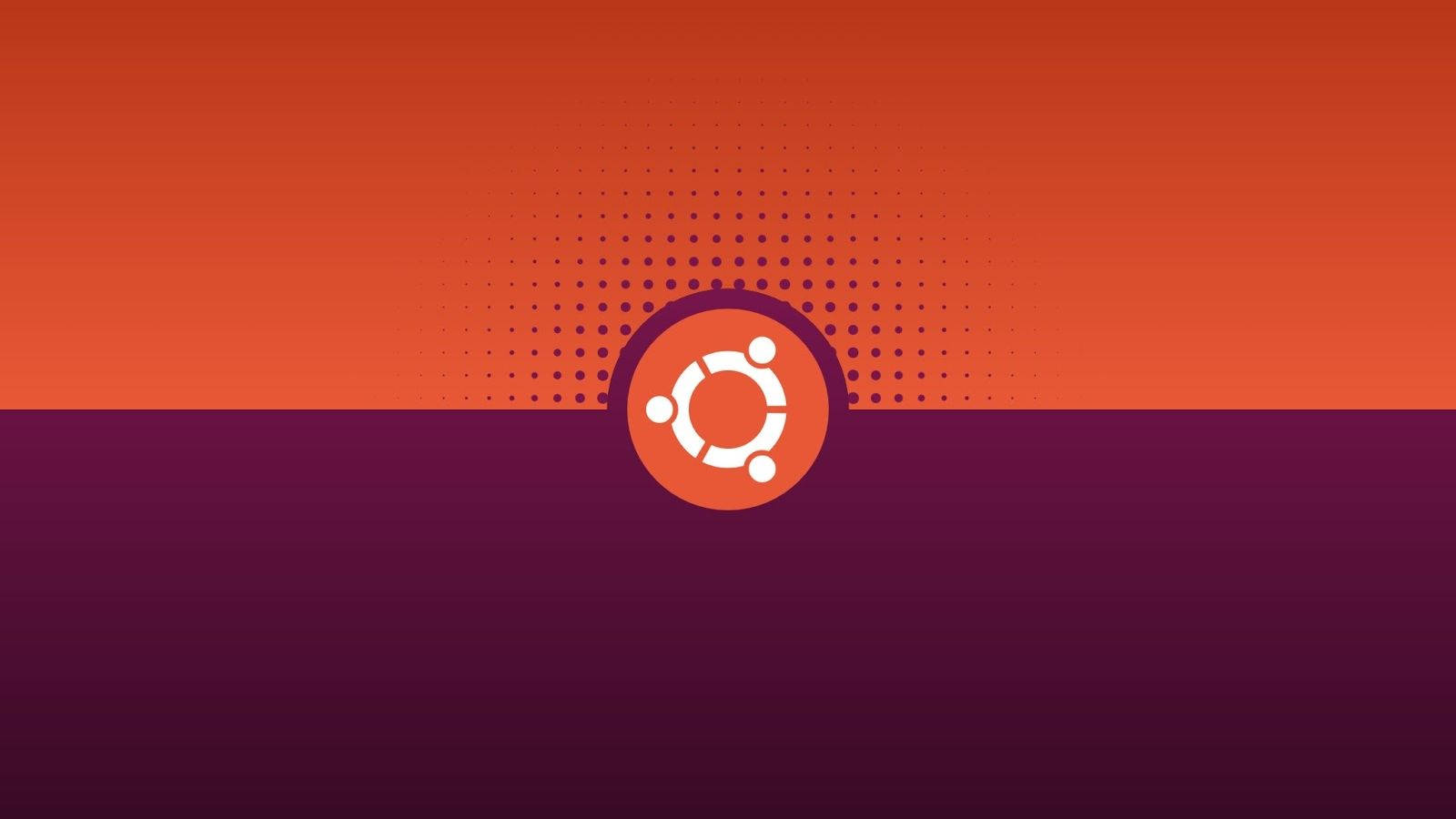 Ubuntu 標誌在橙色和紫色漸變背景上，帶有半色調點。