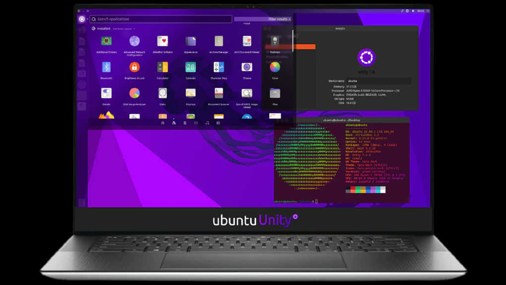 筆記型電腦顯示 Ubuntu Unity 桌面，帶有紫色背景和終端機視窗。