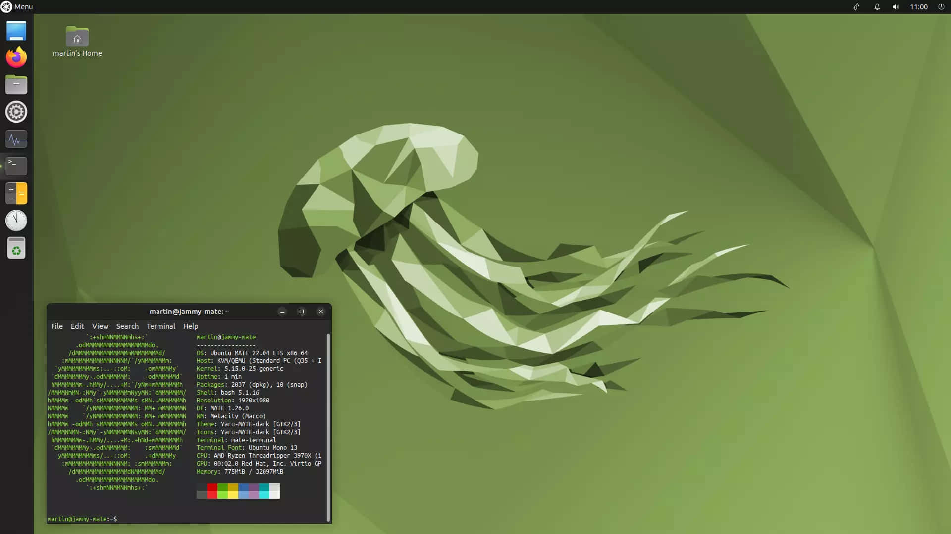 Linux 桌面，帶有終端和綠色低多邊形水母壁紙。