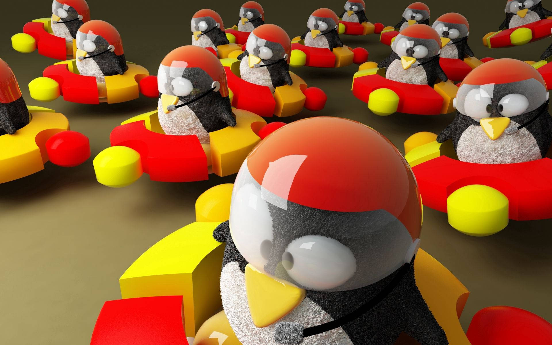 企鵝騎乘Ubuntu標誌3D 壁紙 — 一個3D渲染場景，卡通企鵝駕駛紅色和黃色賽車在純棕色賽道上飛馳。