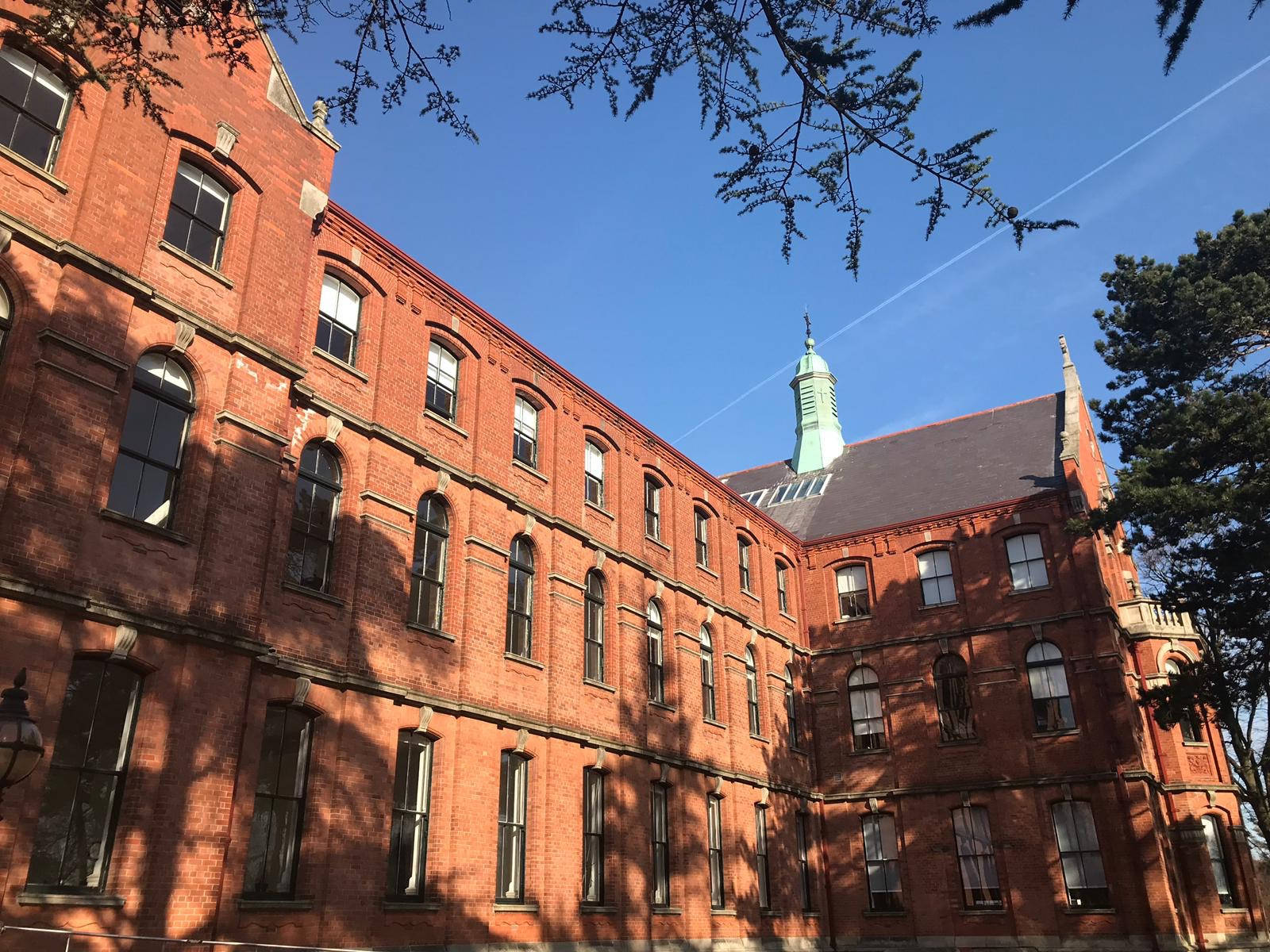 UCD商學院 壁紙 — 一座宏偉的紅磚大學建築，擁有拱形窗戶和綠色圓頂，矗立在樹枝框住的清澈藍天下。