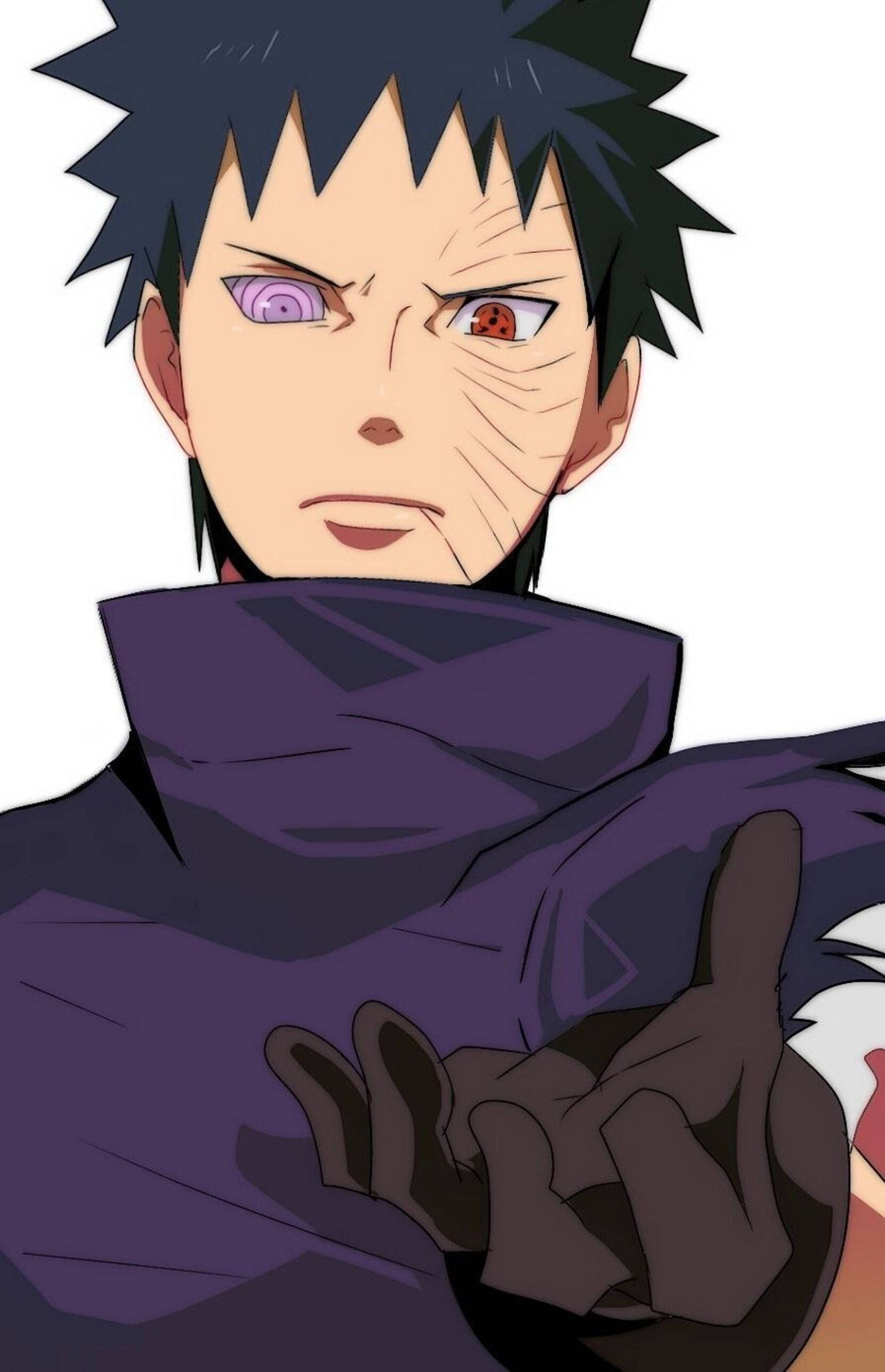 展現你對動畫的熱愛，與奧比特 Uchiha 同行！ 壁紙 — 動漫角色，黑色刺蝟頭，紅紫發光眼睛，身穿高領紫色斗篷。