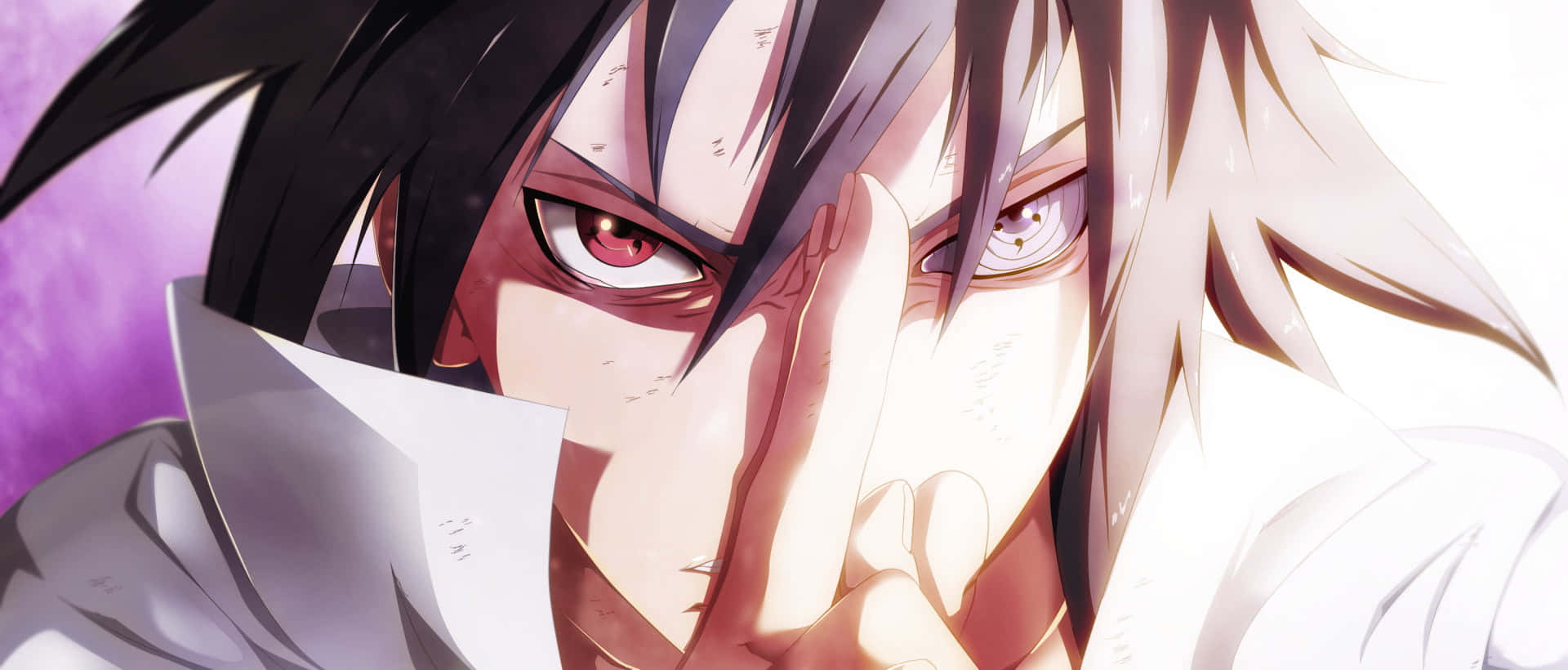 佐助 Uchiha 展現堅定姿態 壁紙 — 一個擁有黑白頭髮和紅色眼睛的動漫角色在紫色背景上做出手指手勢。