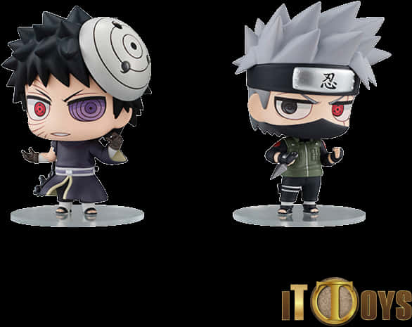火影忍者：奧比特Uchiha Funko Pop不同版本 壁紙 — 兩個Q版火影忍者動漫人偶站在銀色底座上，背景為黑色，一個有紫色眼睛和頭帶，另一個有銀色頭髮和面具。