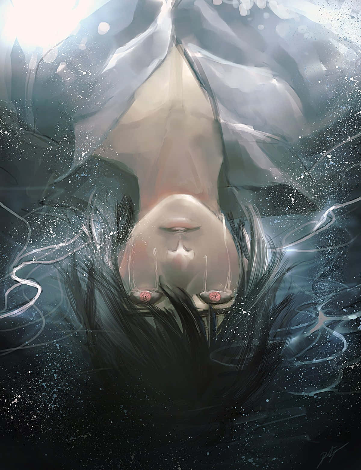 年輕時期的佐助 Uchiha 壁紙 — 一個寧靜的動漫女孩，擁有發光的紅色眼睛，在宇宙虛空中倒立漂浮，周圍環繞著旋轉的深色頭髮和閃爍的粒子。