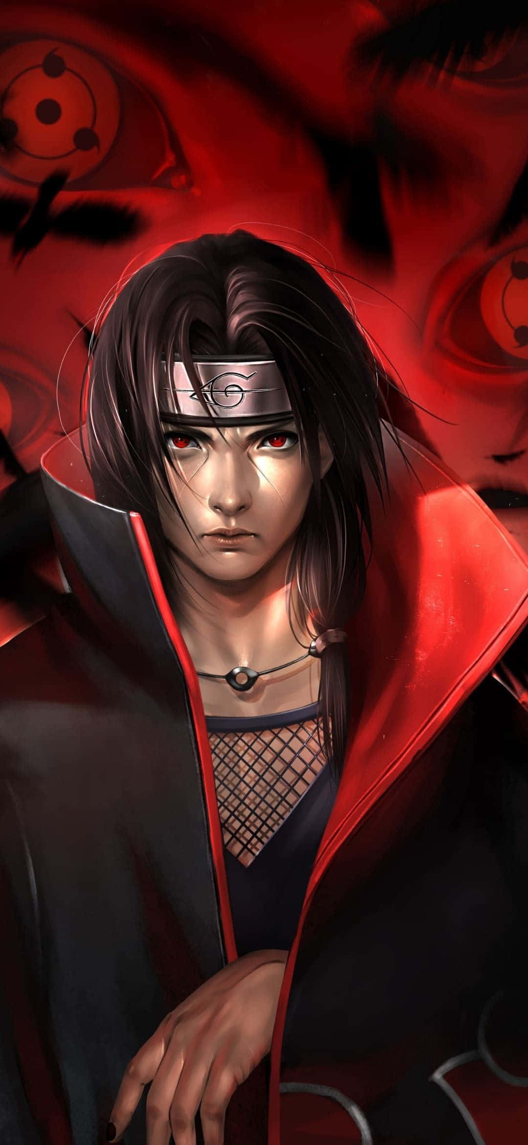 以Uchiha iPhone釋放火影忍者力量 壁紙 — 一個嚴肅的動漫角色，紅眼睛，披著紅色斗篷，站在旋轉的紅色背景前，背景有寫輪眼符號。