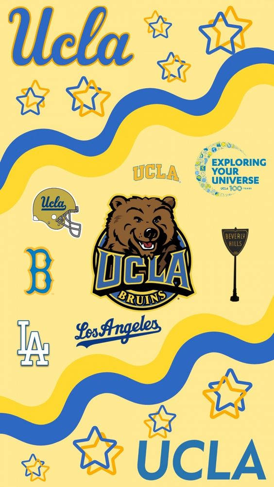UCLA Bruins 熊隊標誌手機壁紙 壁紙 — 充滿活力的黃色和藍色UCLA Bruins壁紙，帶有波浪線條、星星和標誌性標誌，包括熊頭盔和比華利山標誌。