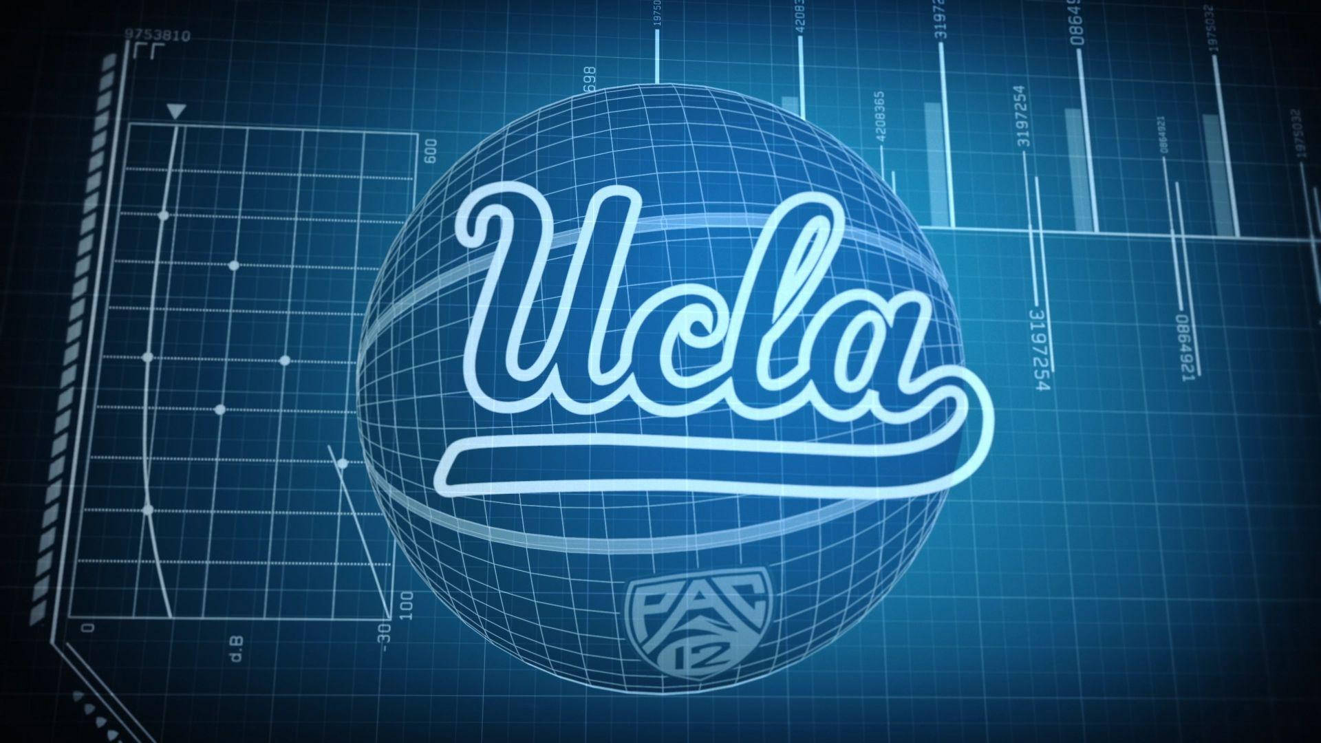 UCLA Bruins 籃球隊夜間比賽場景 壁紙 — UCLA 標誌在藍色網格上以白色發光，背景有數據圖表和圖形。