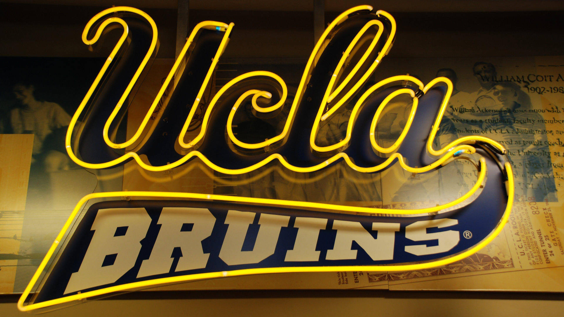 發光的UCLA Bruins霓虹燈牌，帶有黃色輪廓和藍色背景。