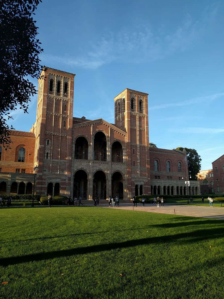 UCLA校園的美麗景觀 壁紙 — 宏偉的磚砌大學建築，雙塔高聳在清澈的藍天下，在充滿活力的綠色草坪上投下長長的影子。