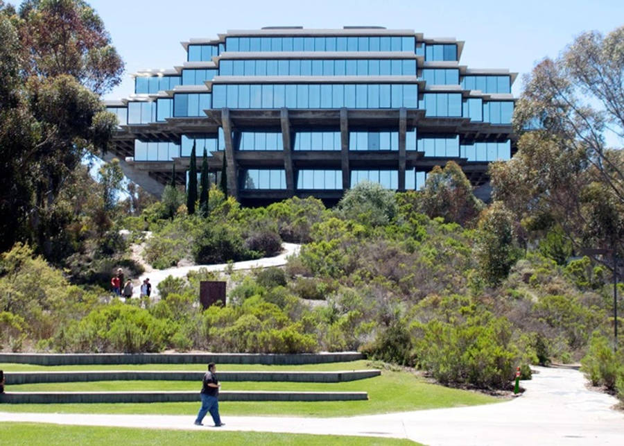 UCSD 校園獨棟建築 壁紙 — 一座現代玻璃和混凝土階梯式建築聳立在陽光明媚的山坡上，周圍環繞著綠色灌木和樹木，下方小徑上有人行走。
