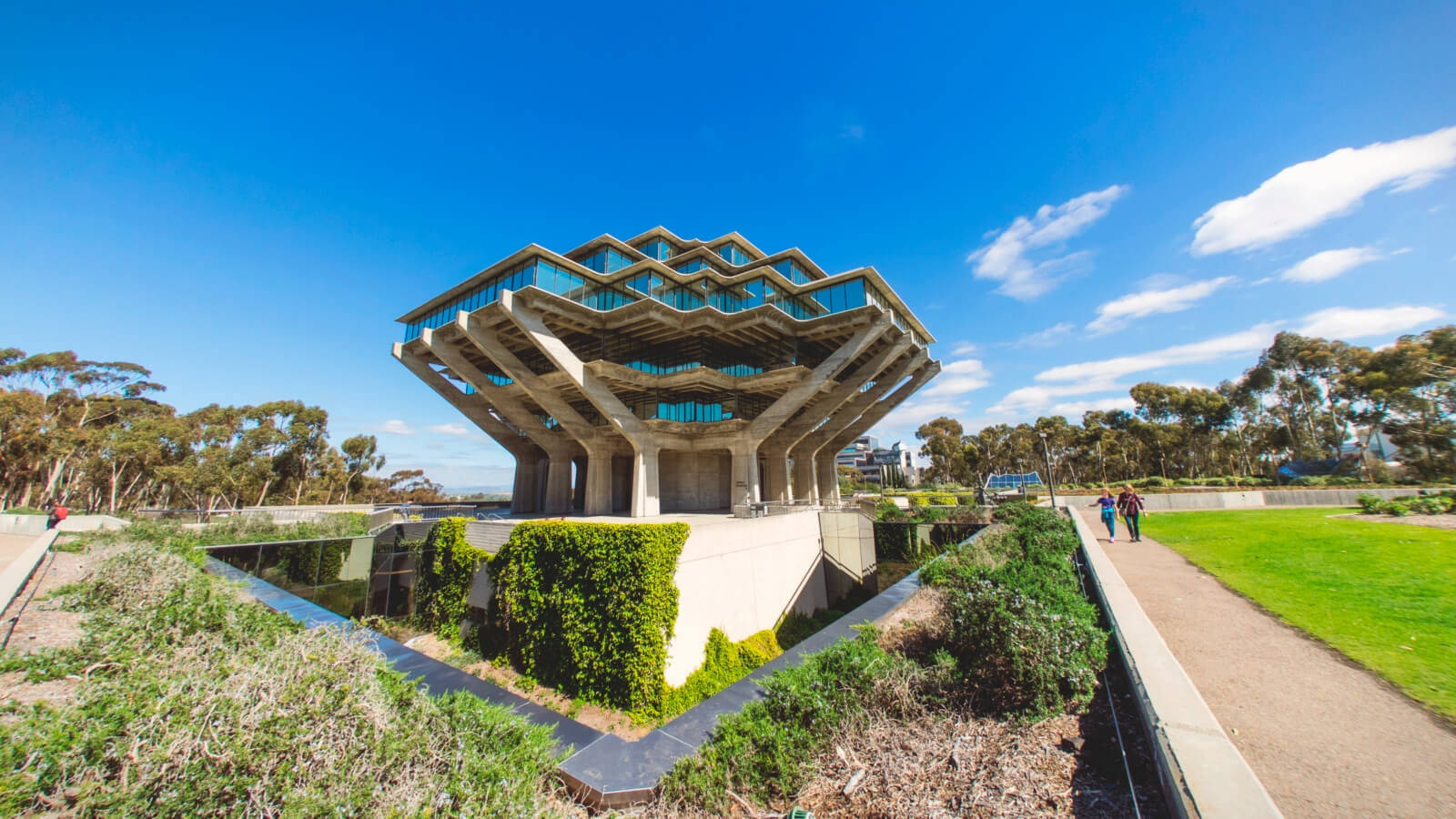 UCSD學生步道壁紙 壁紙 — 一座引人注目的現代主義建築，帶有分層玻璃陽台，矗立在晴朗的藍天下，周圍環繞著綠色草坪和樹木。