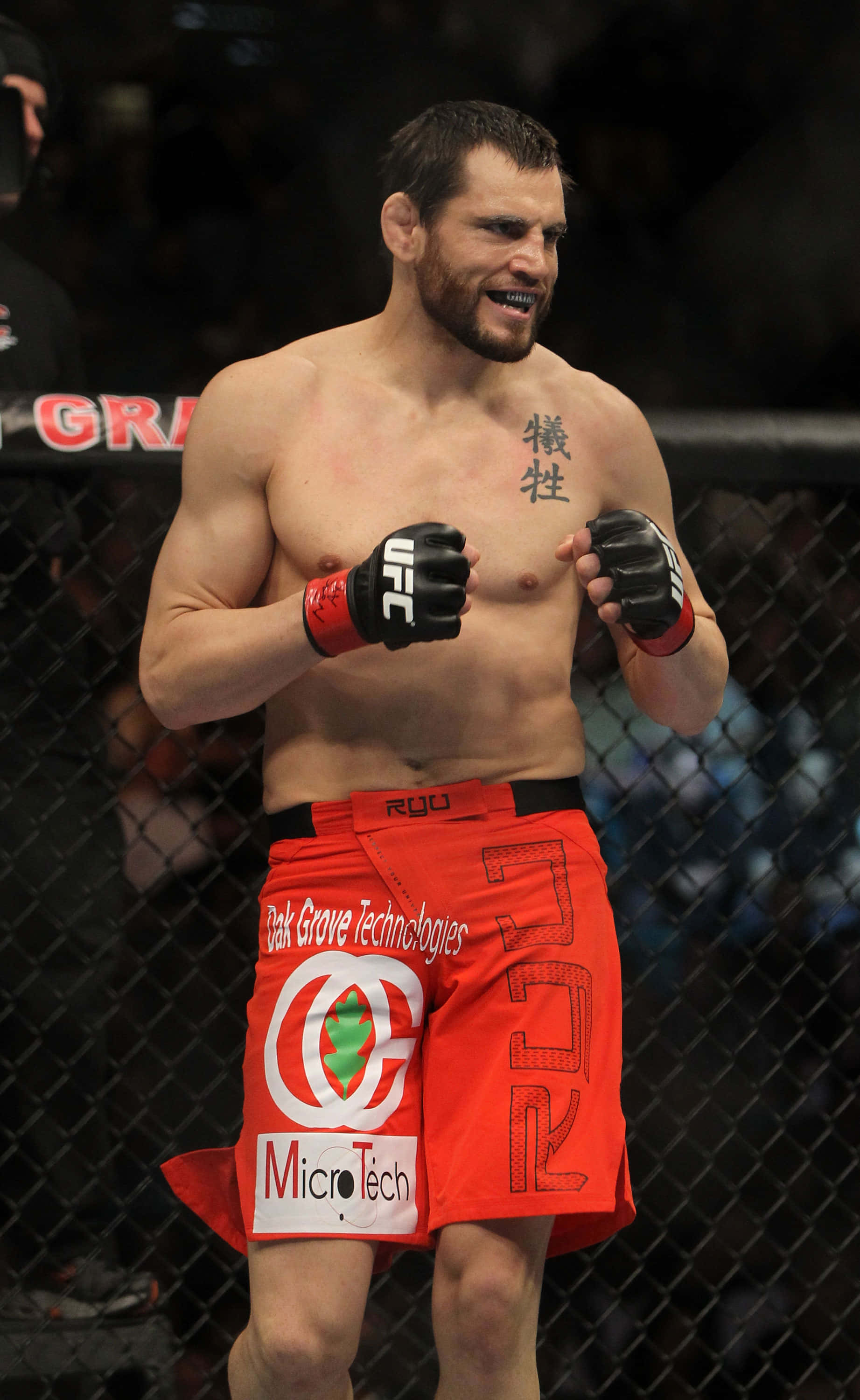 強·菲奇UFC 141八角籠內站立 壁紙 — 一位肌肉發達的UFC拳手穿著紅色短褲，在八角籠內帶著兇猛的笑容和紋身胸膛慶祝。
