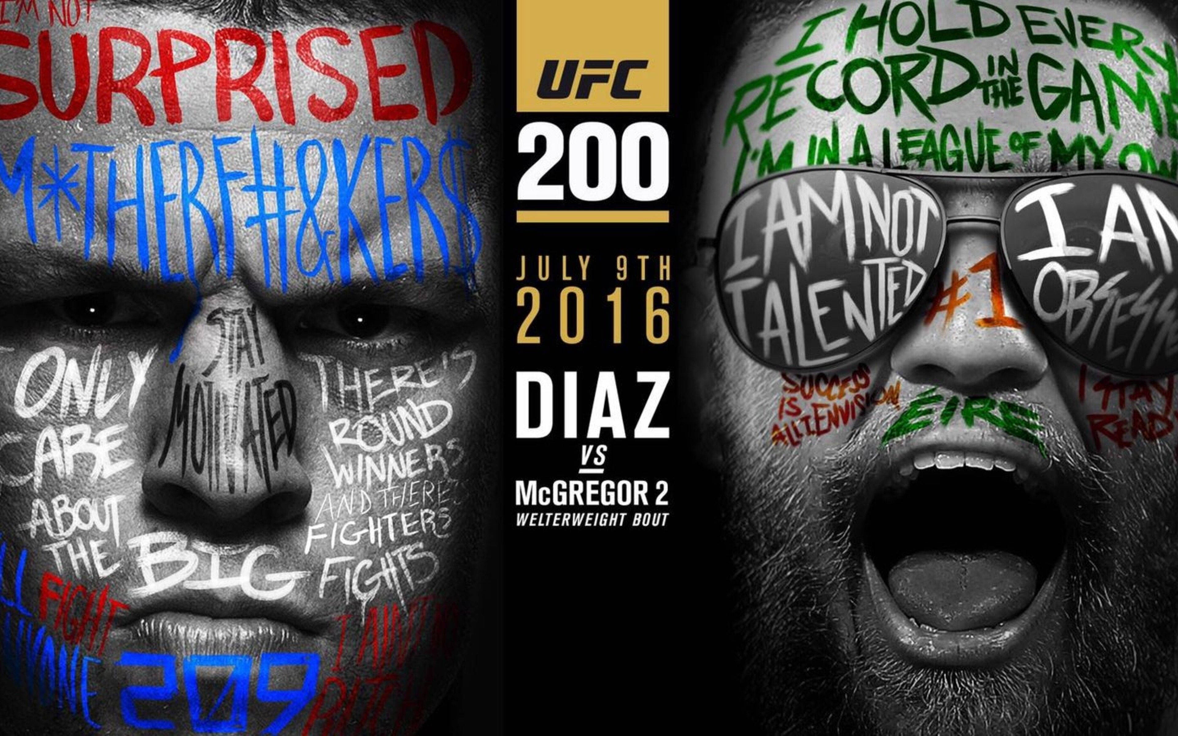 UFC 200 活動宣傳海報 壁紙 — 兩名拳手的臉上覆蓋著大膽的塗鴉風格文字，宣傳UFC 200 Diaz vs McGregor 2。