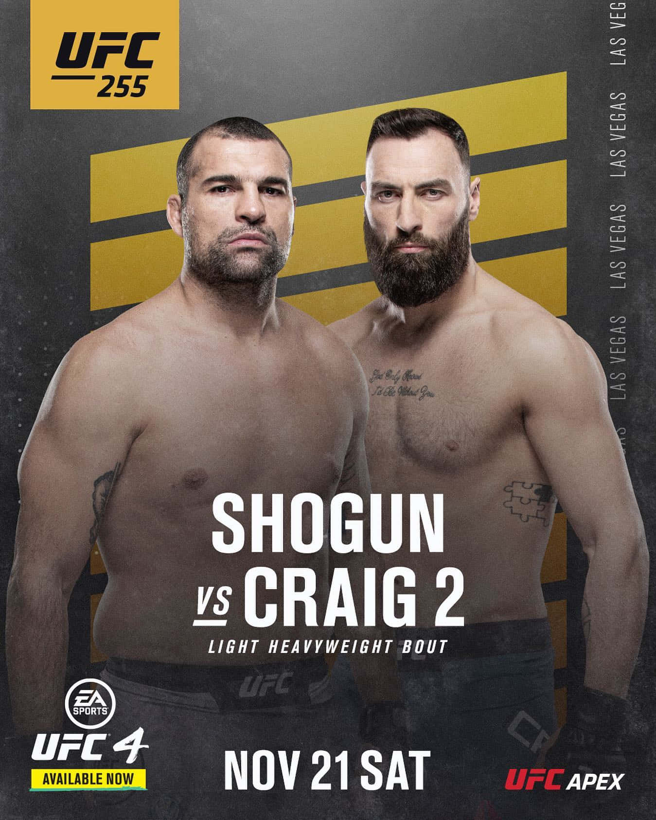 UFC 255海報， featuring 拳手Shogun vs Craig 2進行輕重量級比賽。